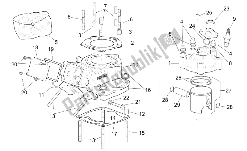 All parts for the Vertical Cylinder Assembly of the Aprilia RS 250 1995