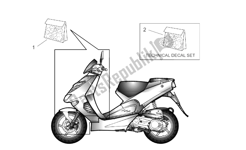 All parts for the Front Body And Technical Decal of the Aprilia SR 50 H2O Ditech Carb 2000