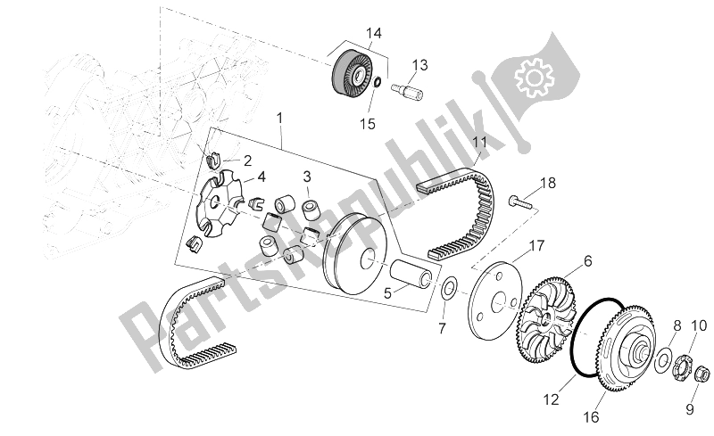 All parts for the Variator Assembly of the Aprilia Sport City 125 200 250 E3 2006