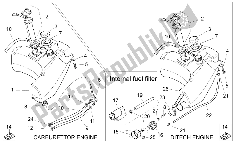 Alle onderdelen voor de Benzinetank van de Aprilia SR 50 H2O Ditech Carb 2000