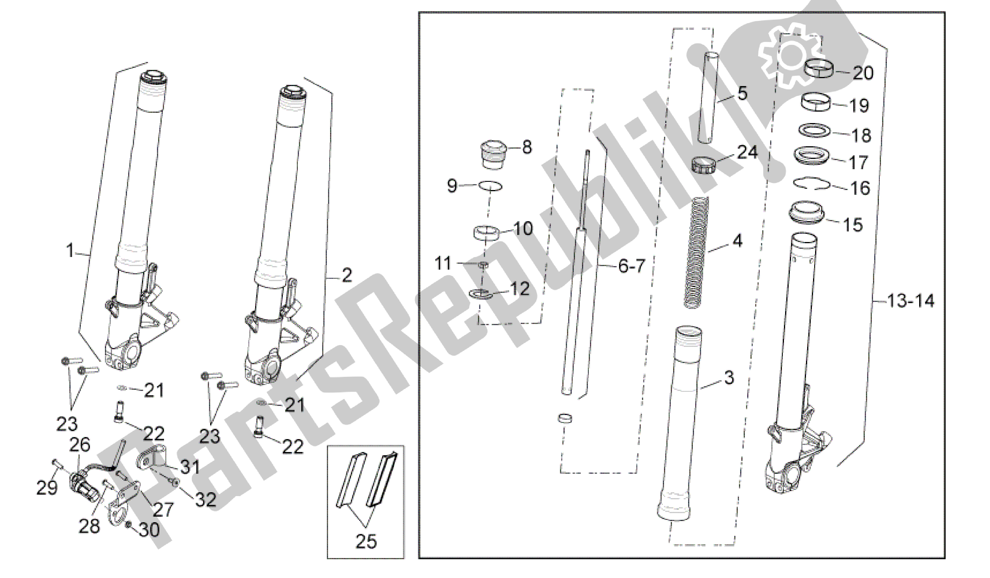 All parts for the Front Fork of the Aprilia Mana 850 2007 - 2011