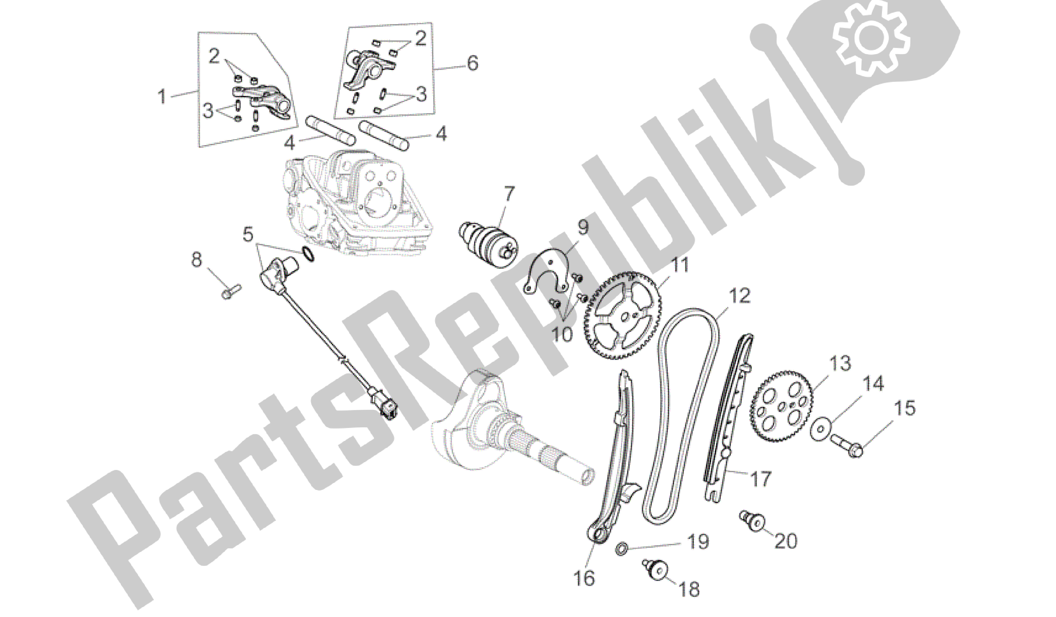 Alle onderdelen voor de Achterste Cilinder Timing Systeem van de Aprilia Mana 850 2007 - 2011