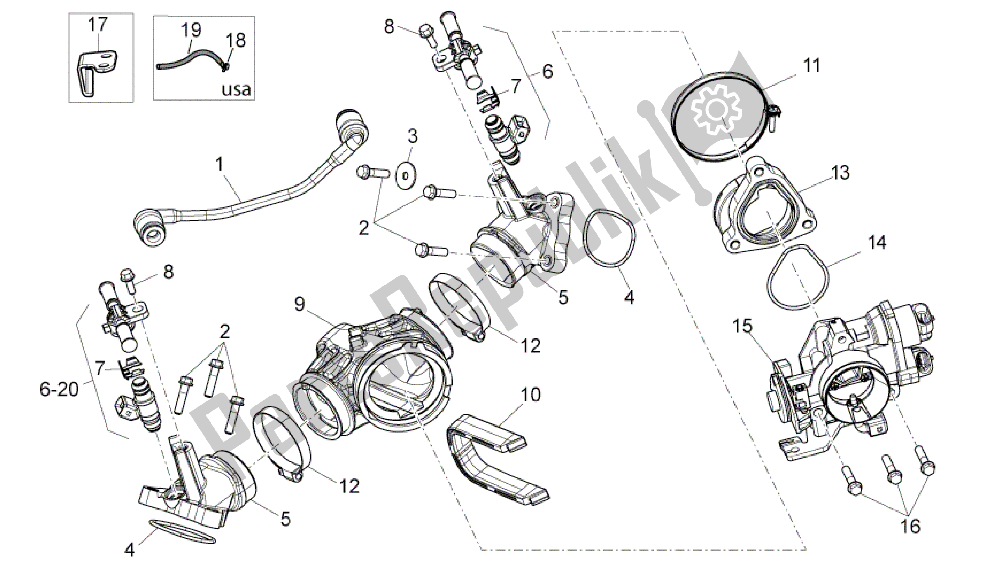All parts for the Throttle Body of the Aprilia Mana 850 2007 - 2011