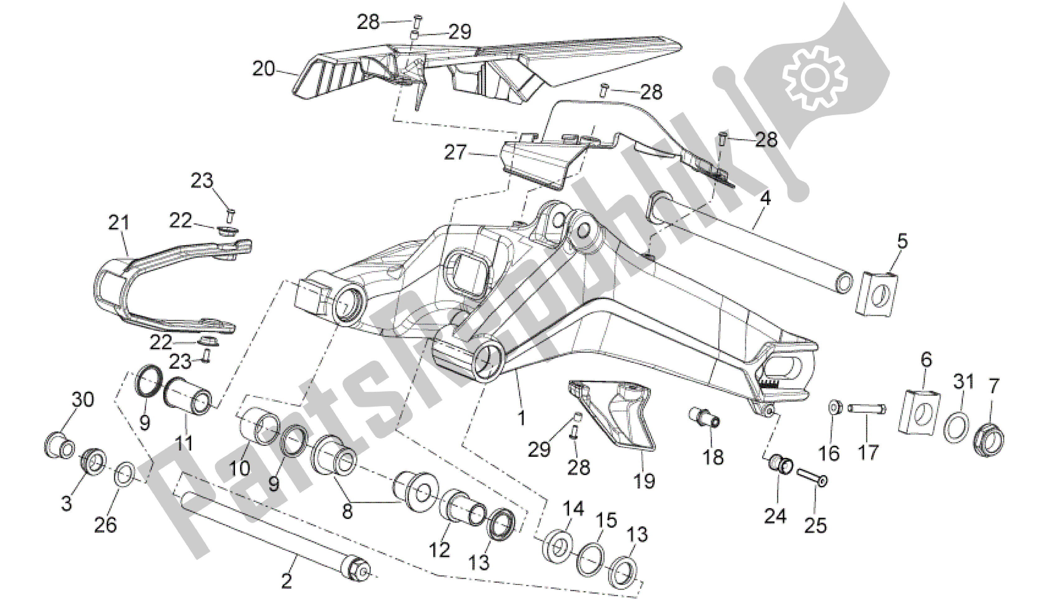 All parts for the Swing Arm of the Aprilia Mana 850 2009 - 2011