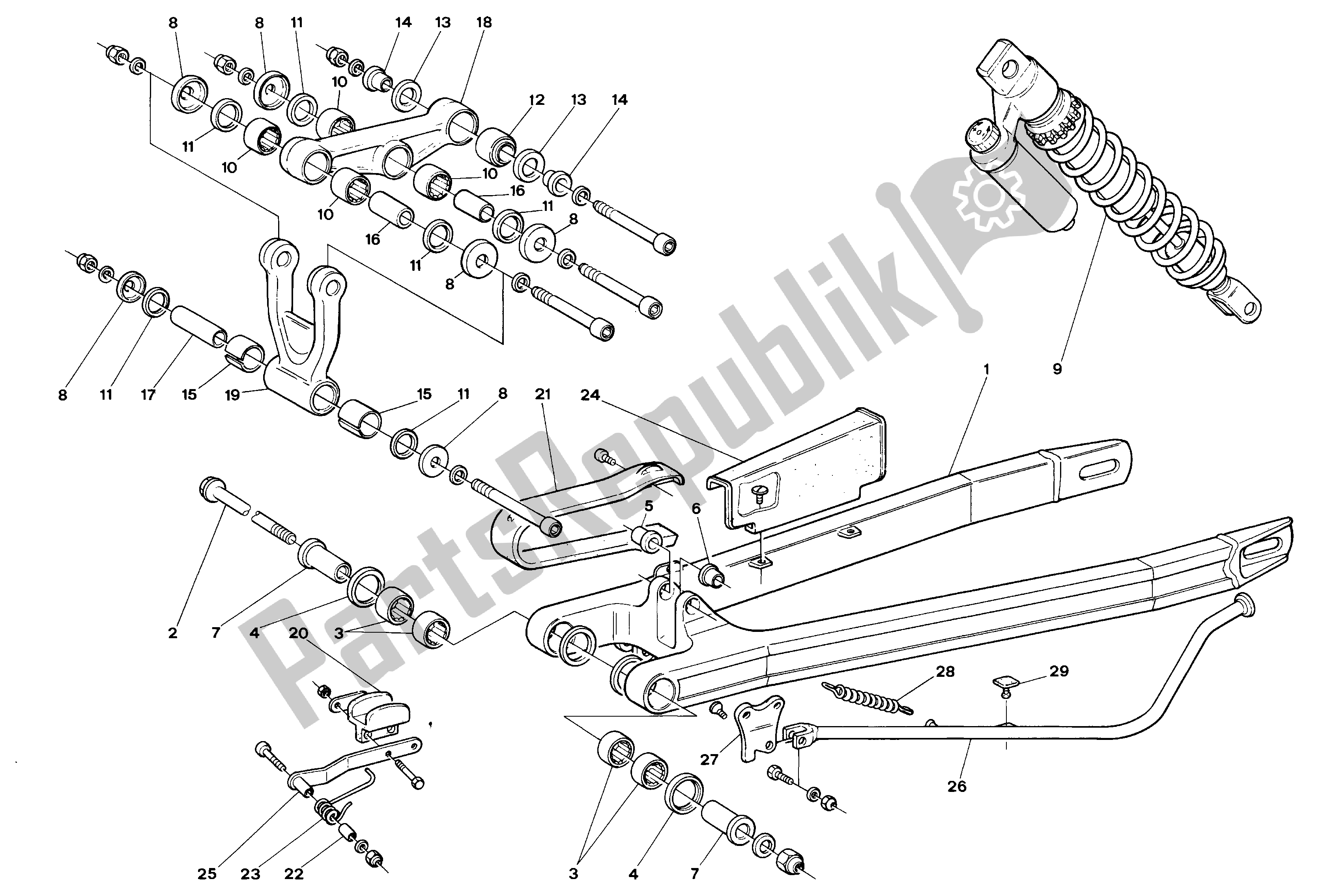 All parts for the Rear Fork And Suspension of the Aprilia Climber 300 1992