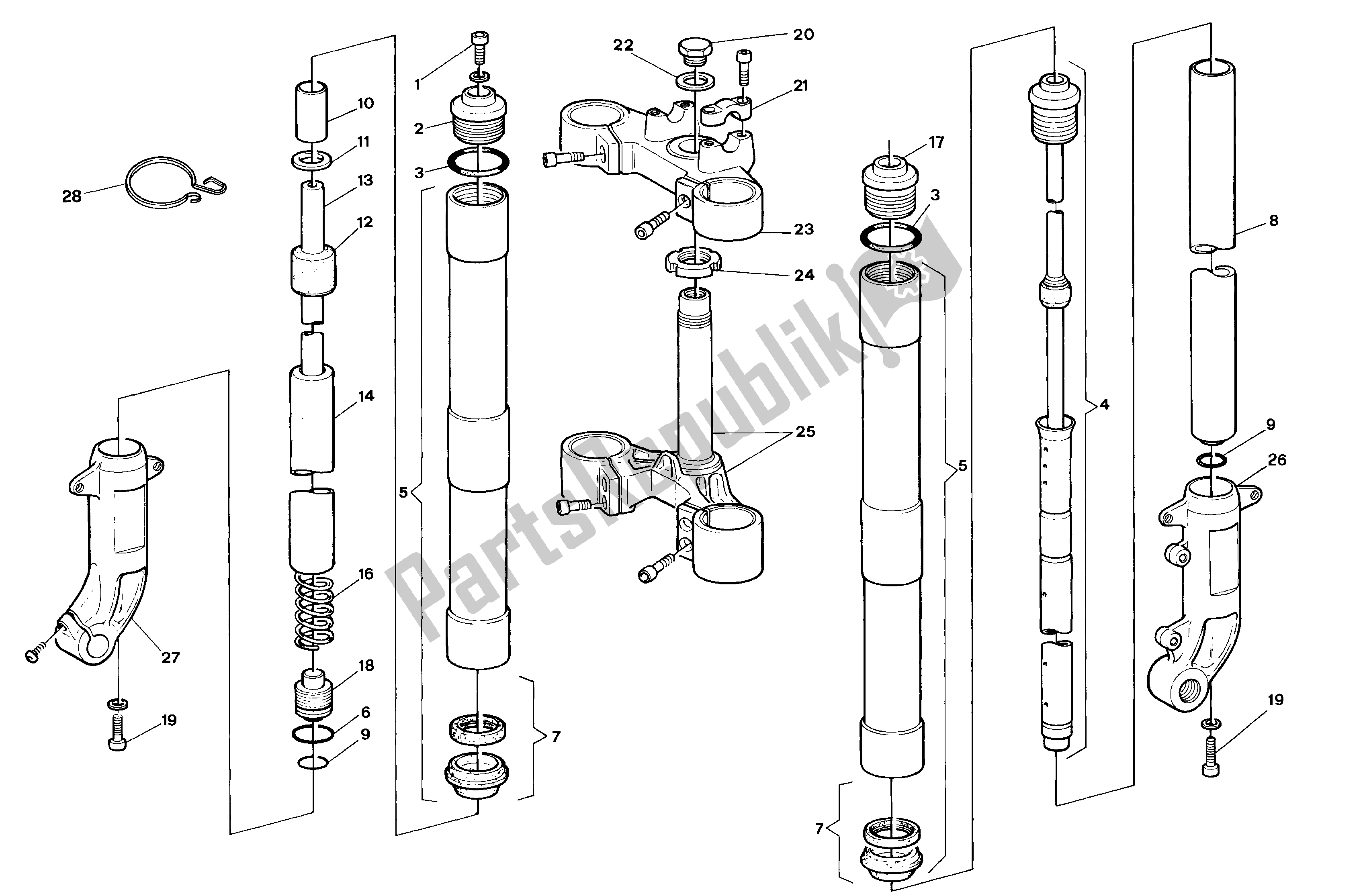 All parts for the Front Fork of the Aprilia Climber 280 1992