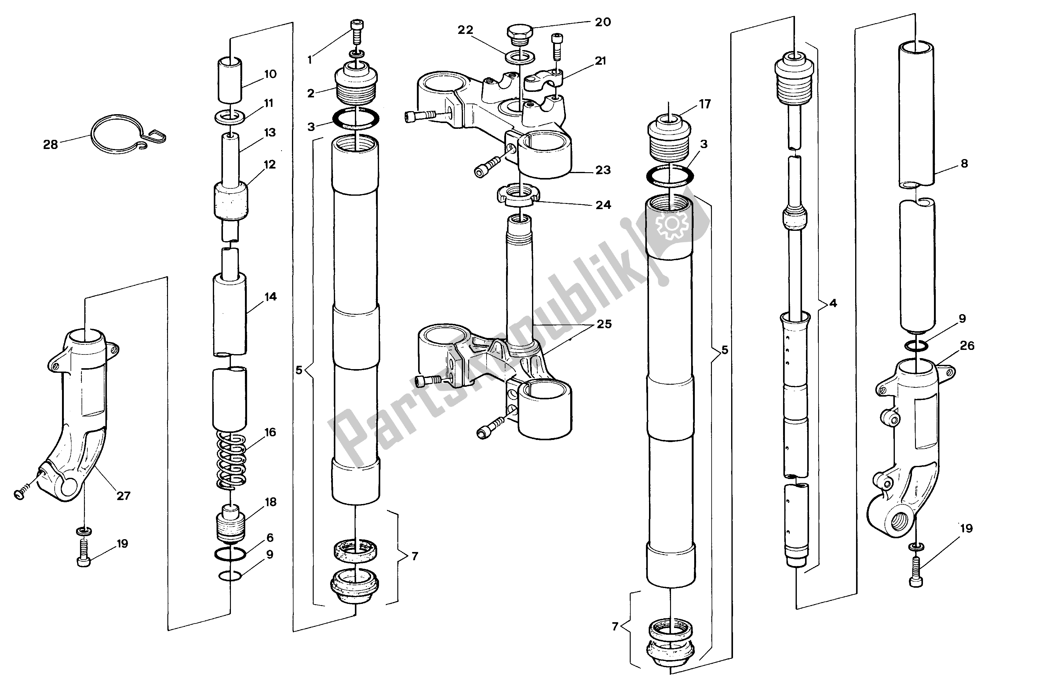 All parts for the Front Fork of the Aprilia Climber 240 1993