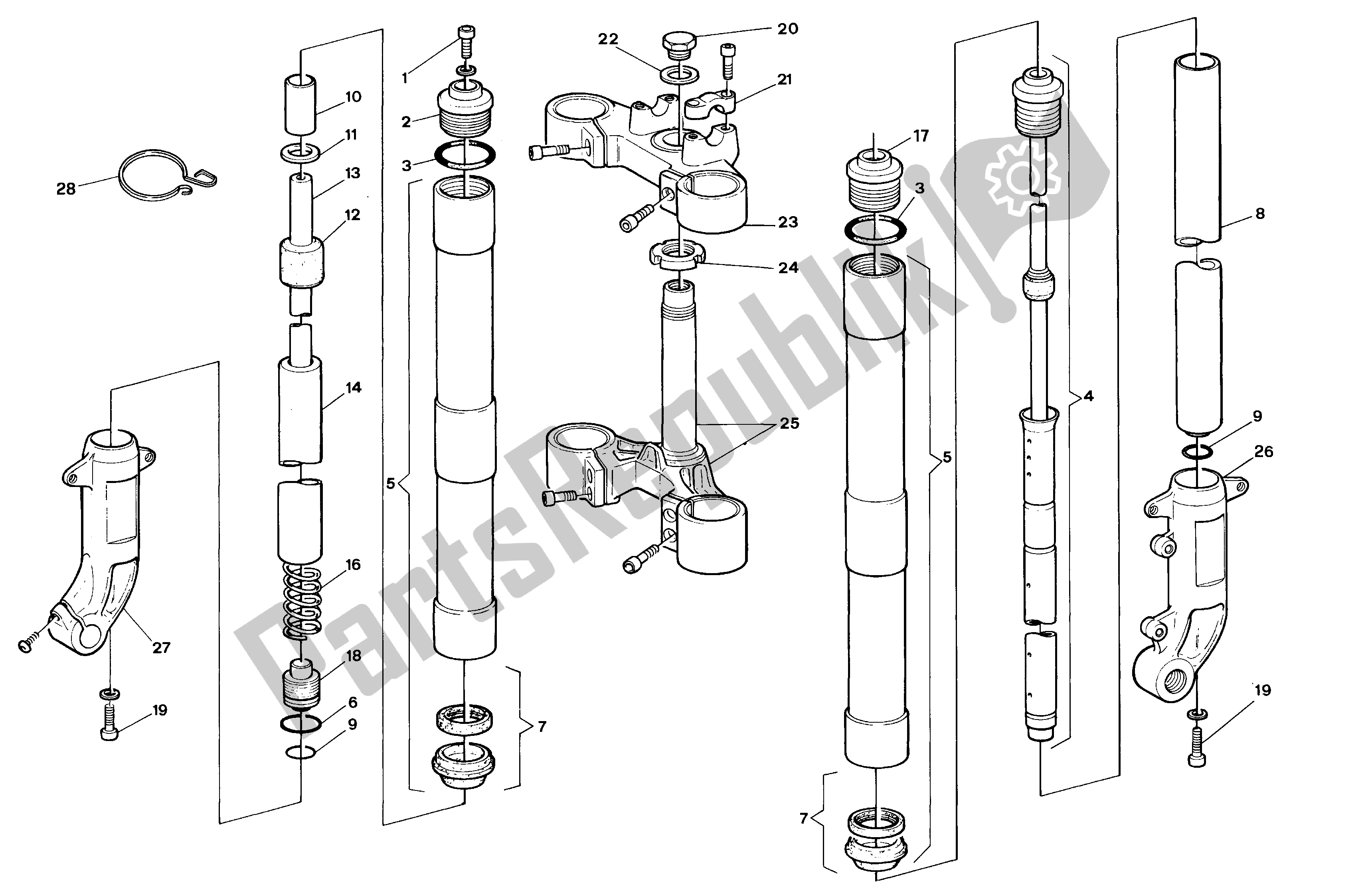 All parts for the Front Fork of the Aprilia Climber 280 1993