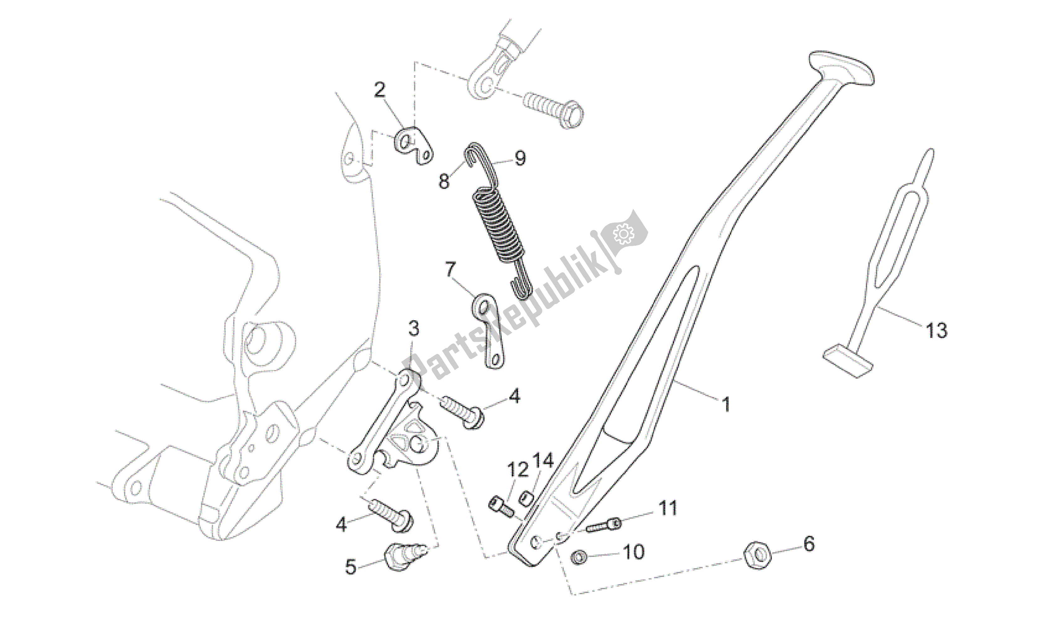 All parts for the Central Stand of the Aprilia RXV 450 2009 - 2011