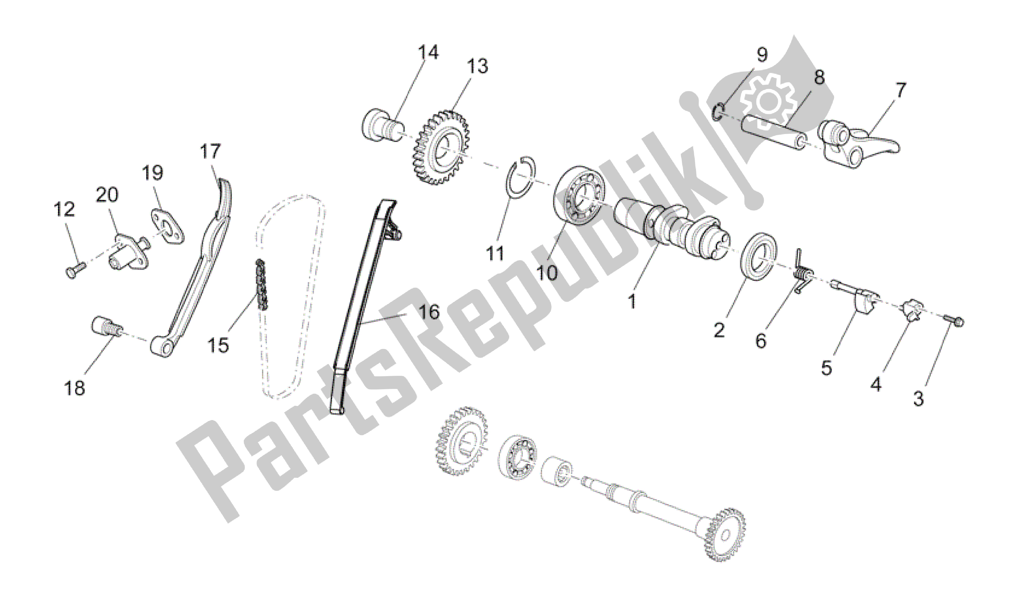 Alle onderdelen voor de Achterste Cilinder Timing Systeem van de Aprilia RXV 450 2009 - 2011