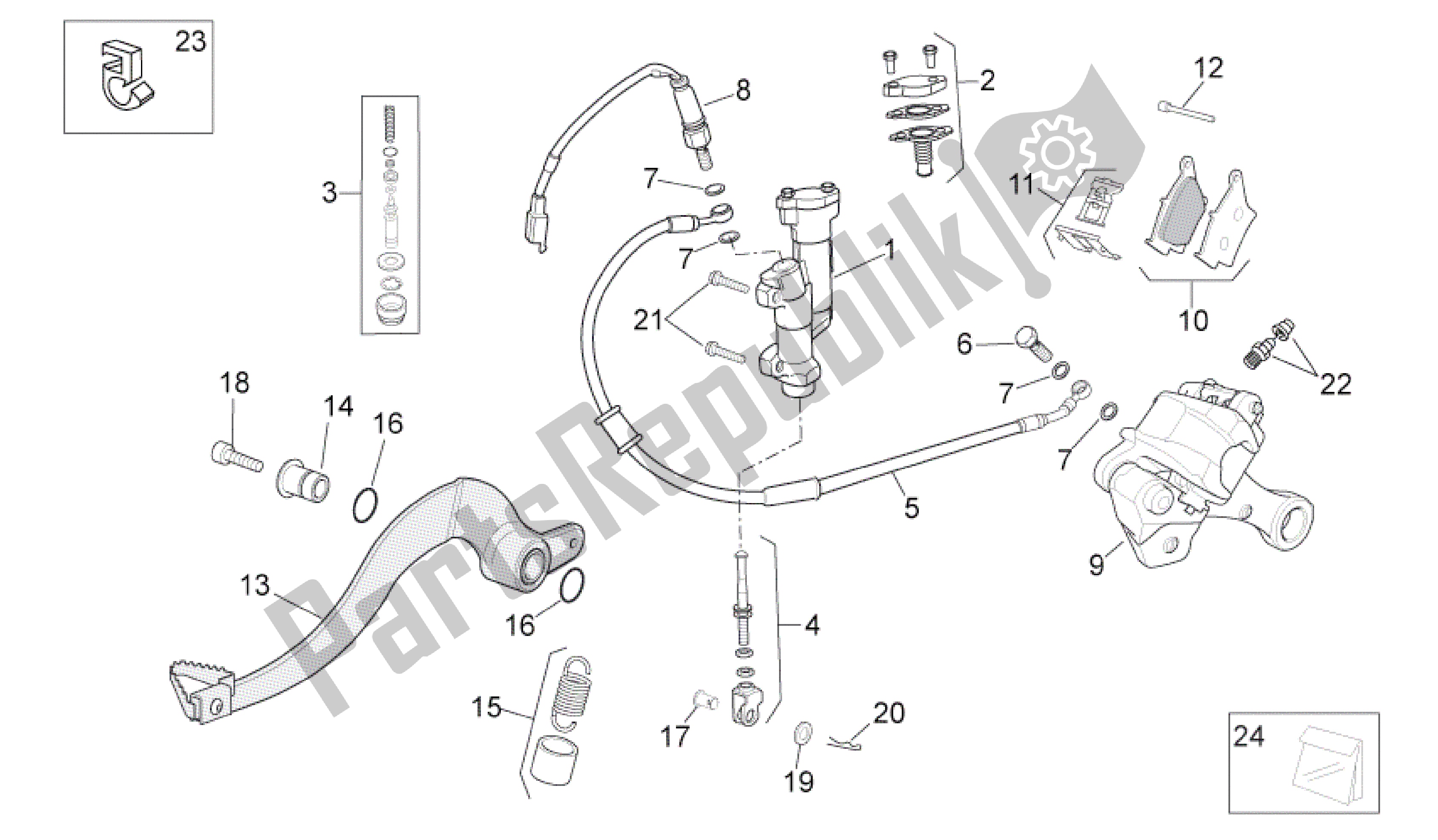 Alle onderdelen voor de Achter Remsysteem van de Aprilia RXV 550 2009 - 2011