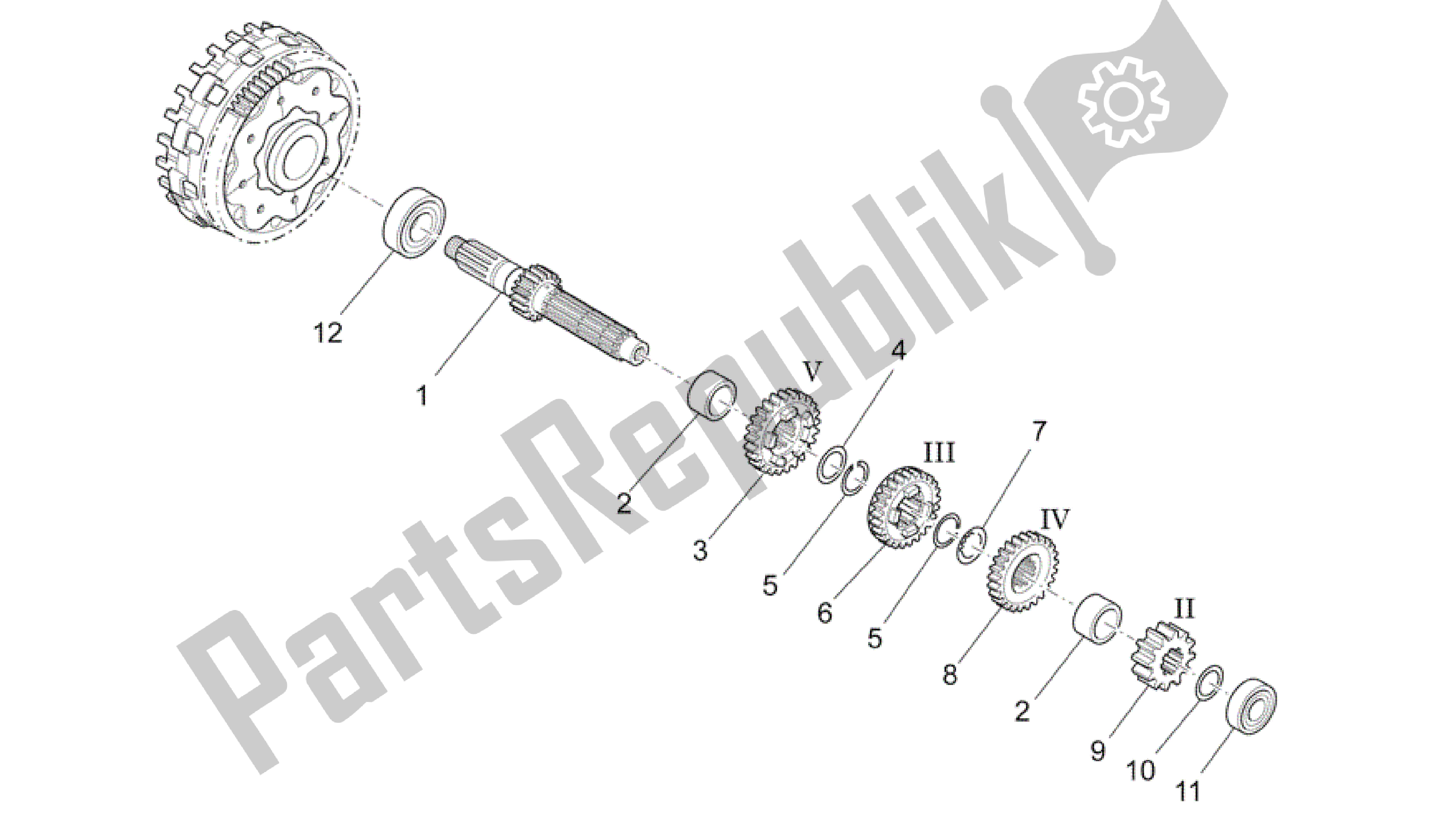 Alle onderdelen voor de Primaire Tandwielas van de Aprilia RXV 550 2009 - 2011