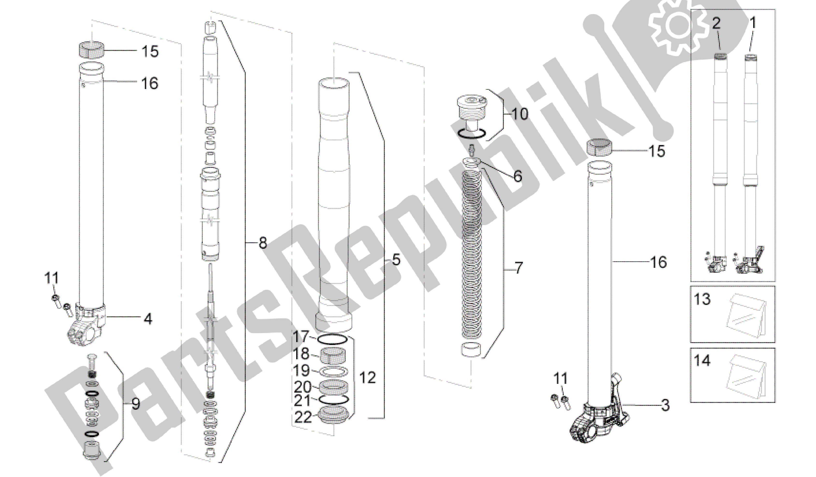 All parts for the Front Fork of the Aprilia SXV 450 2009 - 2011