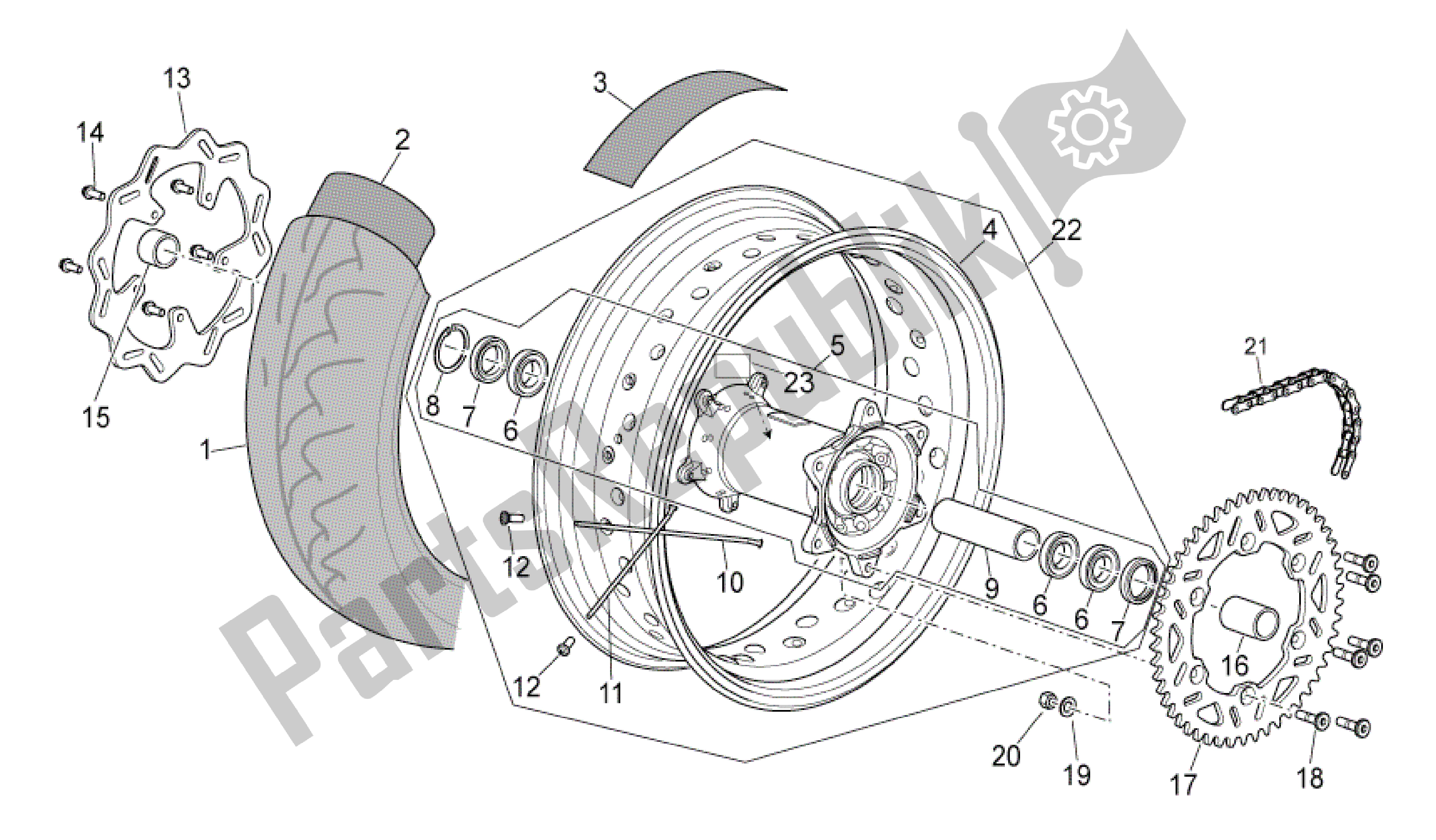Alle onderdelen voor de Achterwiel van de Aprilia SXV 450 2009 - 2011