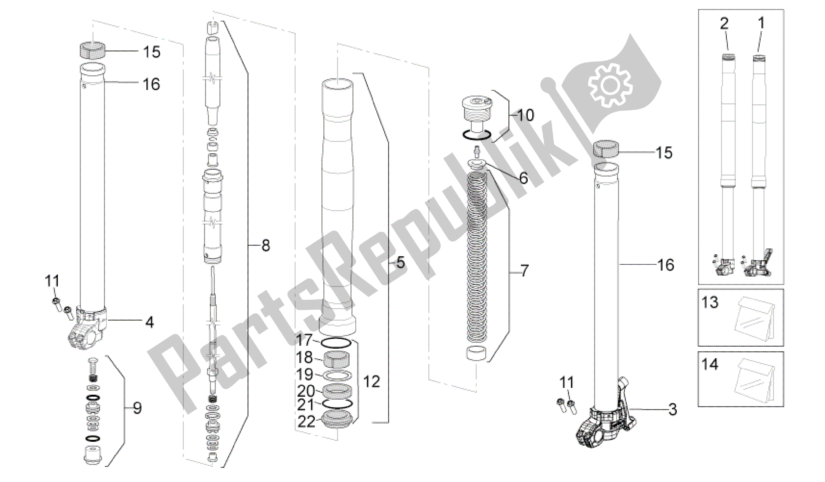 All parts for the Front Fork of the Aprilia SXV 550 2009 - 2011