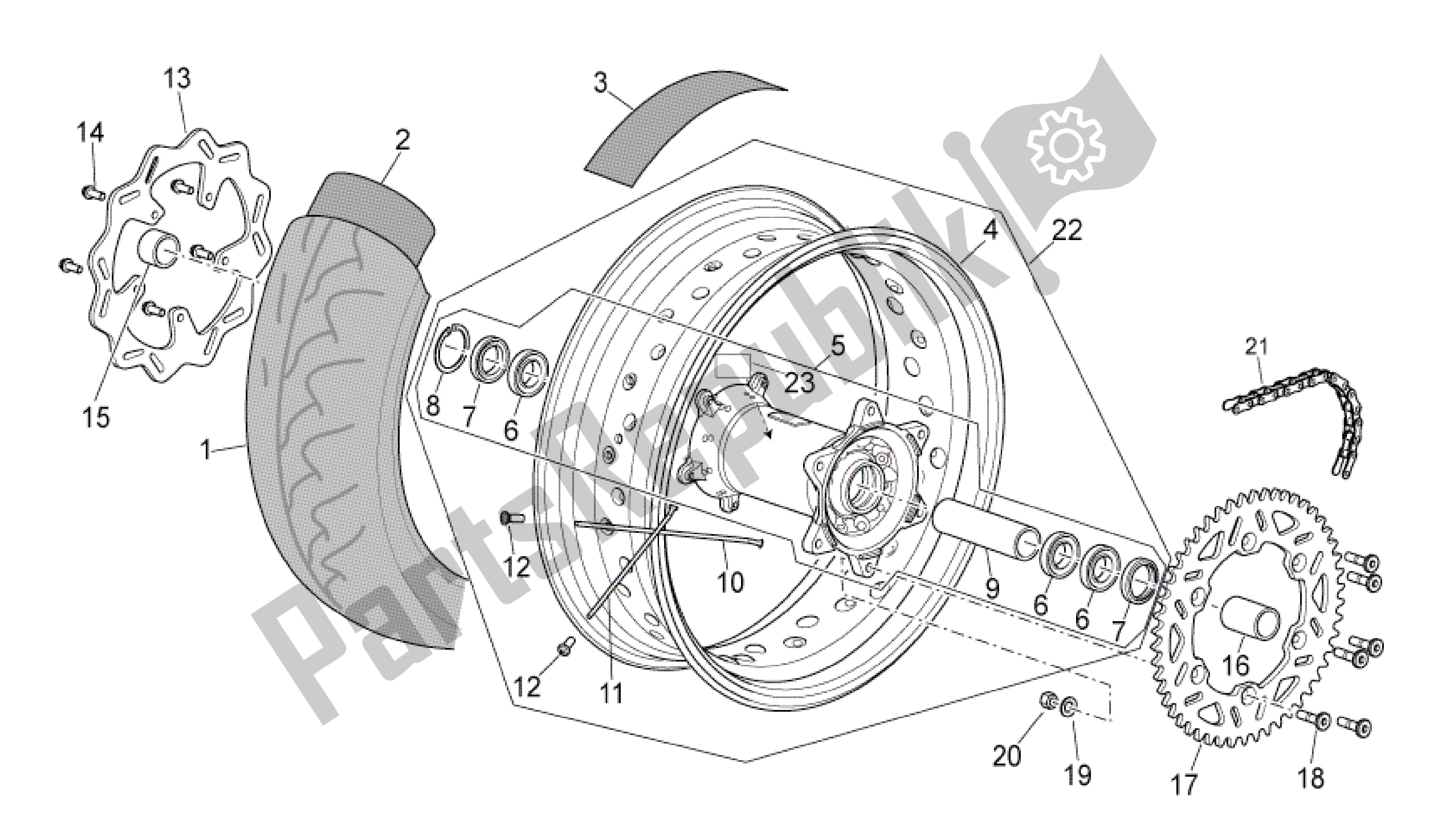 Alle onderdelen voor de Achterwiel van de Aprilia SXV 550 2009 - 2011