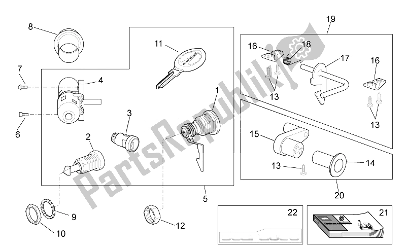 All parts for the Decal - Lock Hardware Kit of the Aprilia Scarabeo 50 4T 4V 2014