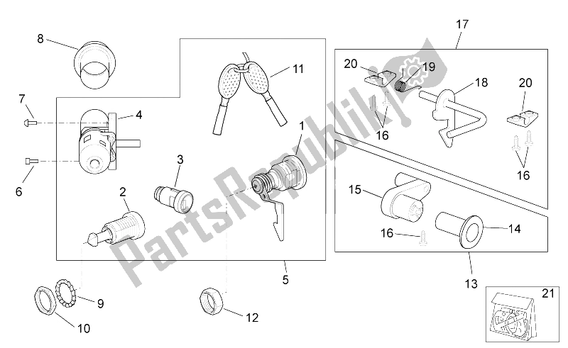 All parts for the Decal - Lock Hardware Kit of the Aprilia Scarabeo 100 4T E3 2010