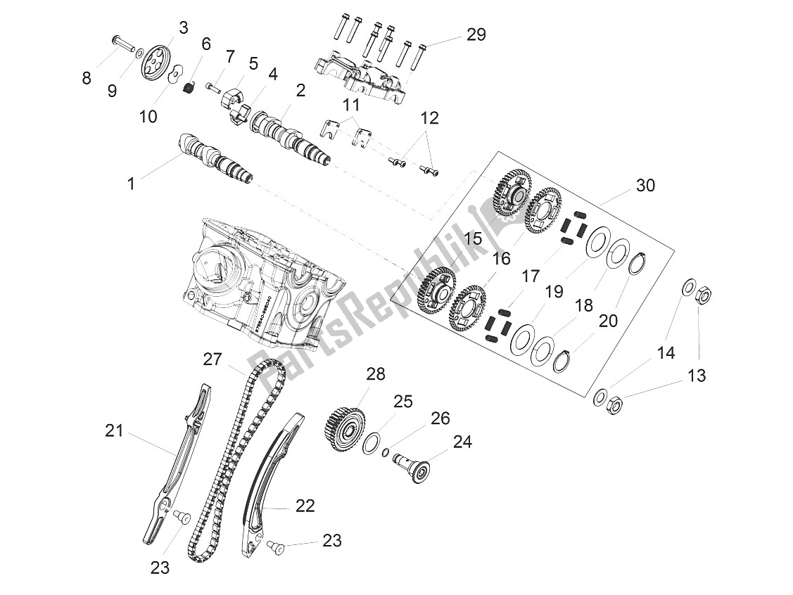 Alle onderdelen voor de Achterste Cilinder Timing Systeem van de Aprilia Caponord 1200 USA 2015