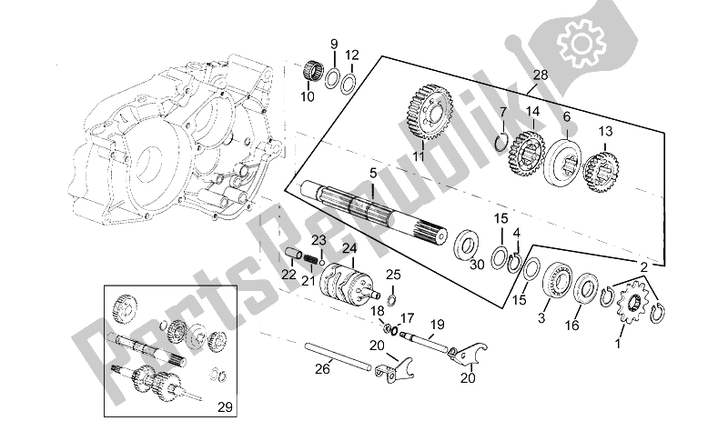 All parts for the Driven Shaft of the Aprilia RX 3 5 Marce 50 1991