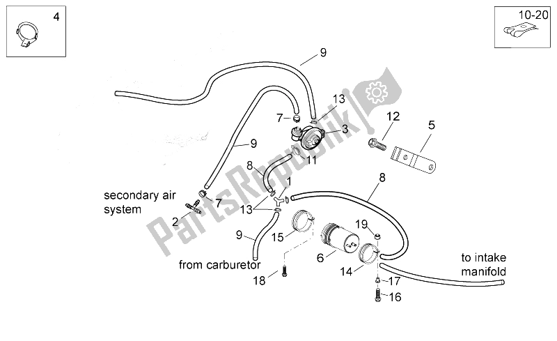 Alle Teile für das Kraftstoffdampfrückgewinnungssystem des Aprilia Scarabeo 125 250 E2 ENG Piaggio 2004