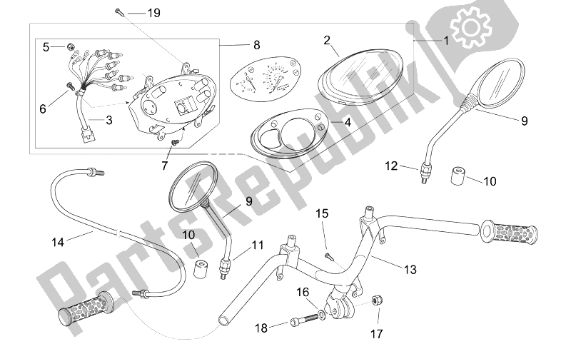 Todas as partes de Guiador - Painel do Aprilia Scarabeo 50 2T E2 ENG Piaggio 2007