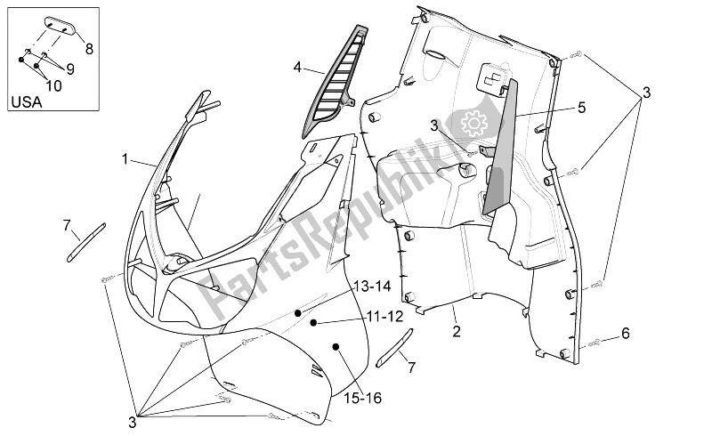 All parts for the Front Body - Internal Shield of the Aprilia Sport City Cube 250 300 IE E3 2008