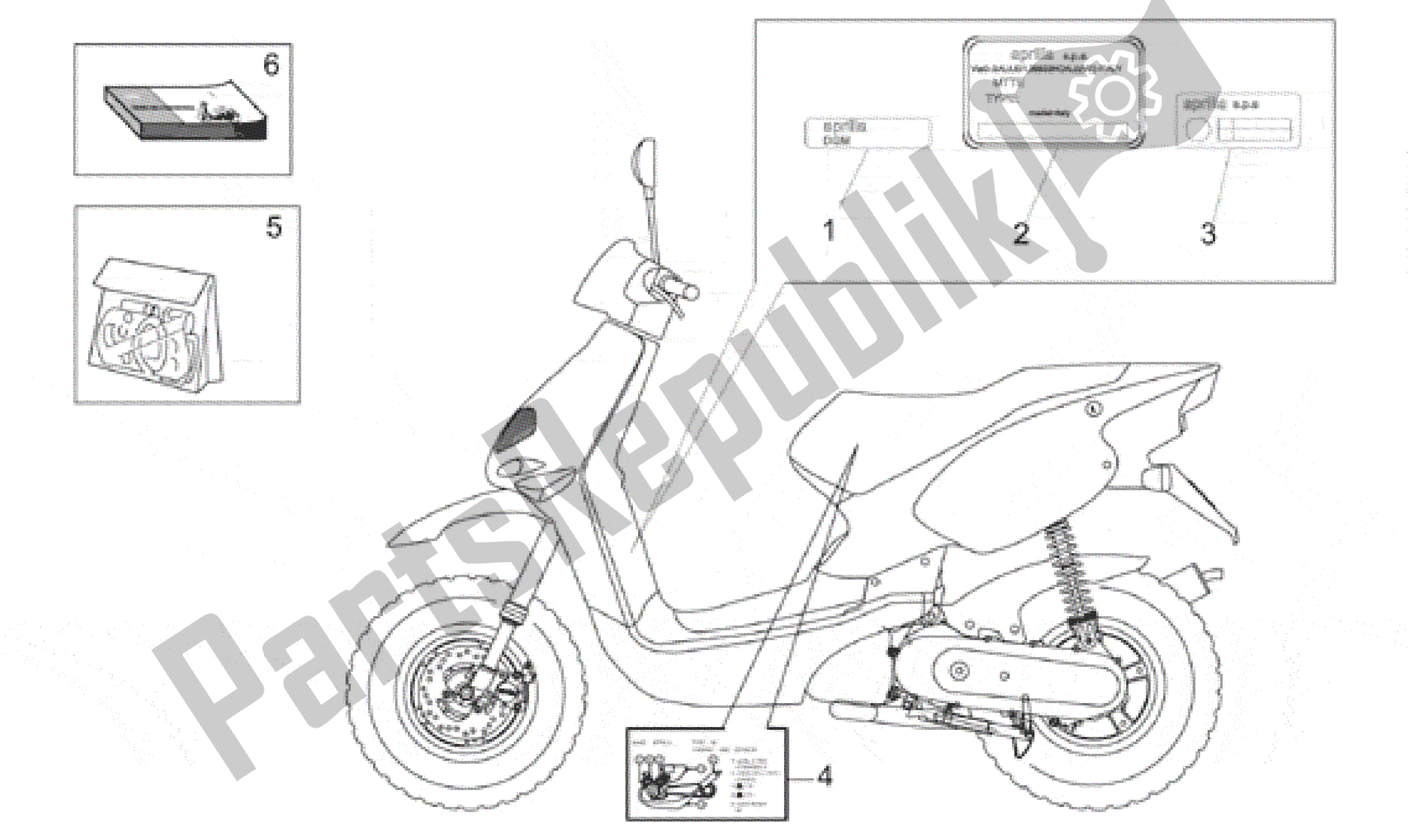 Alle onderdelen voor de Sticker Op. Handboeken En Bordenset van de Aprilia Rally 50 1995 - 2003