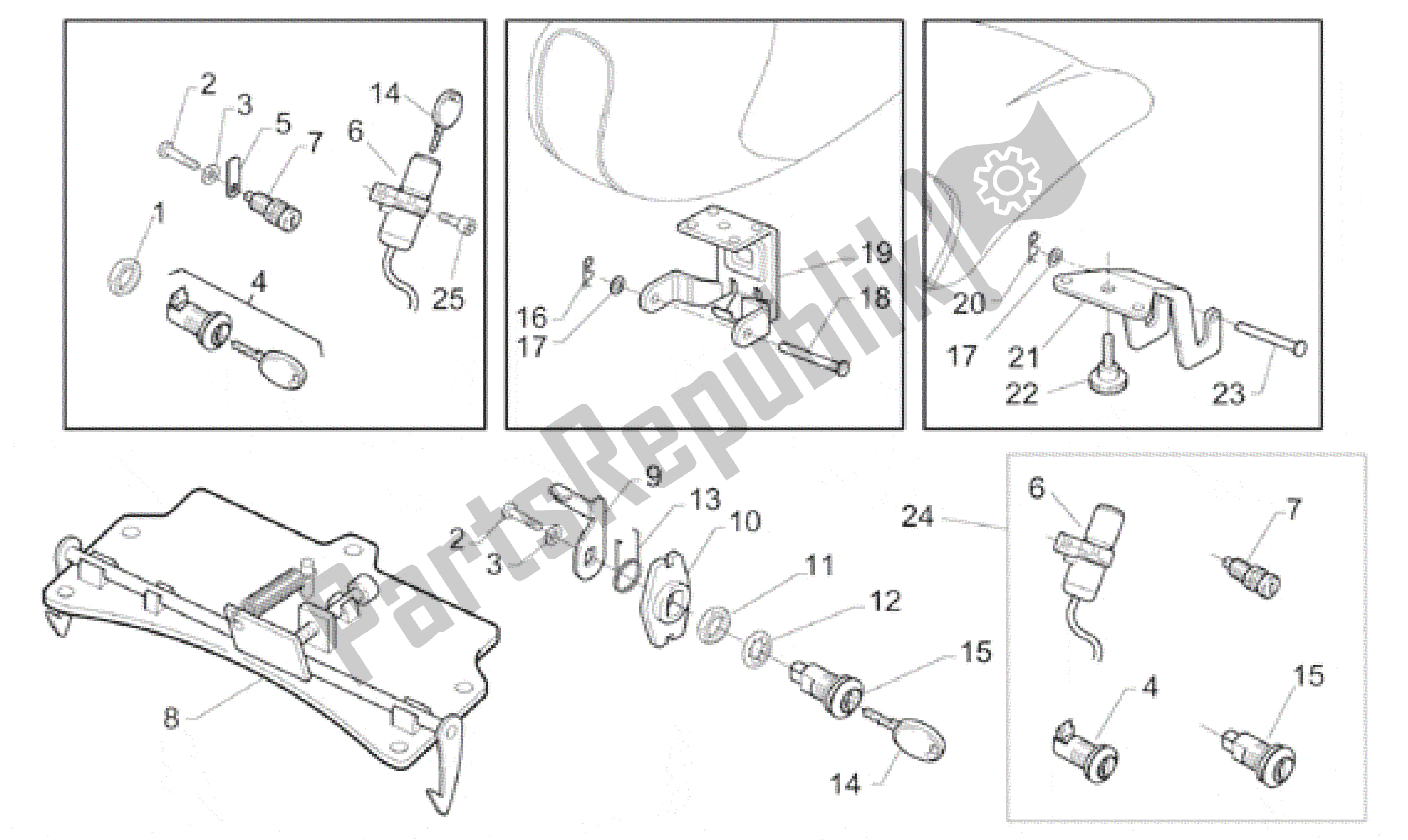 All parts for the Lock Hardware Kit of the Aprilia Gulliver 50 1996 - 1998