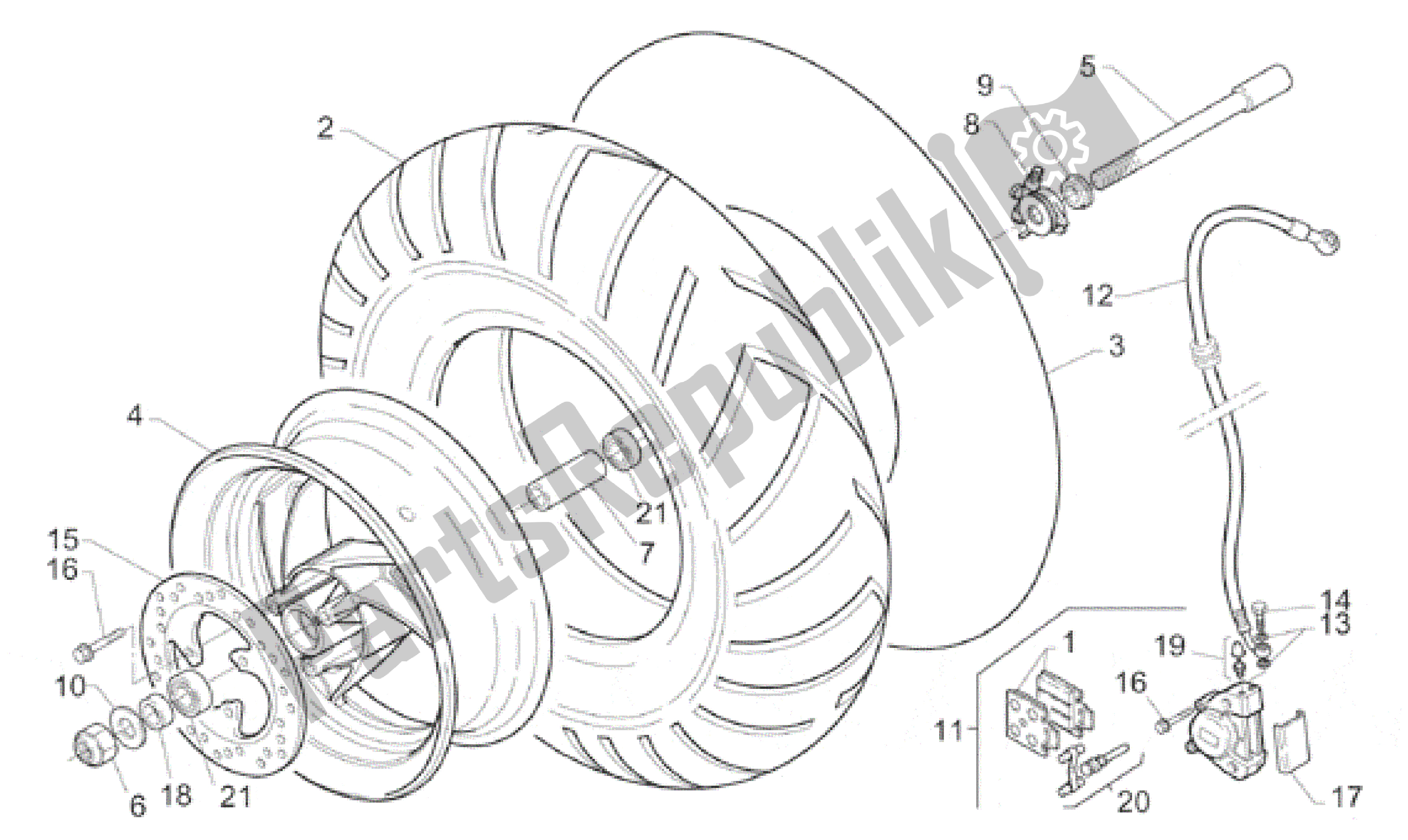 All parts for the Front Wheel of the Aprilia Gulliver 50 1996 - 1998