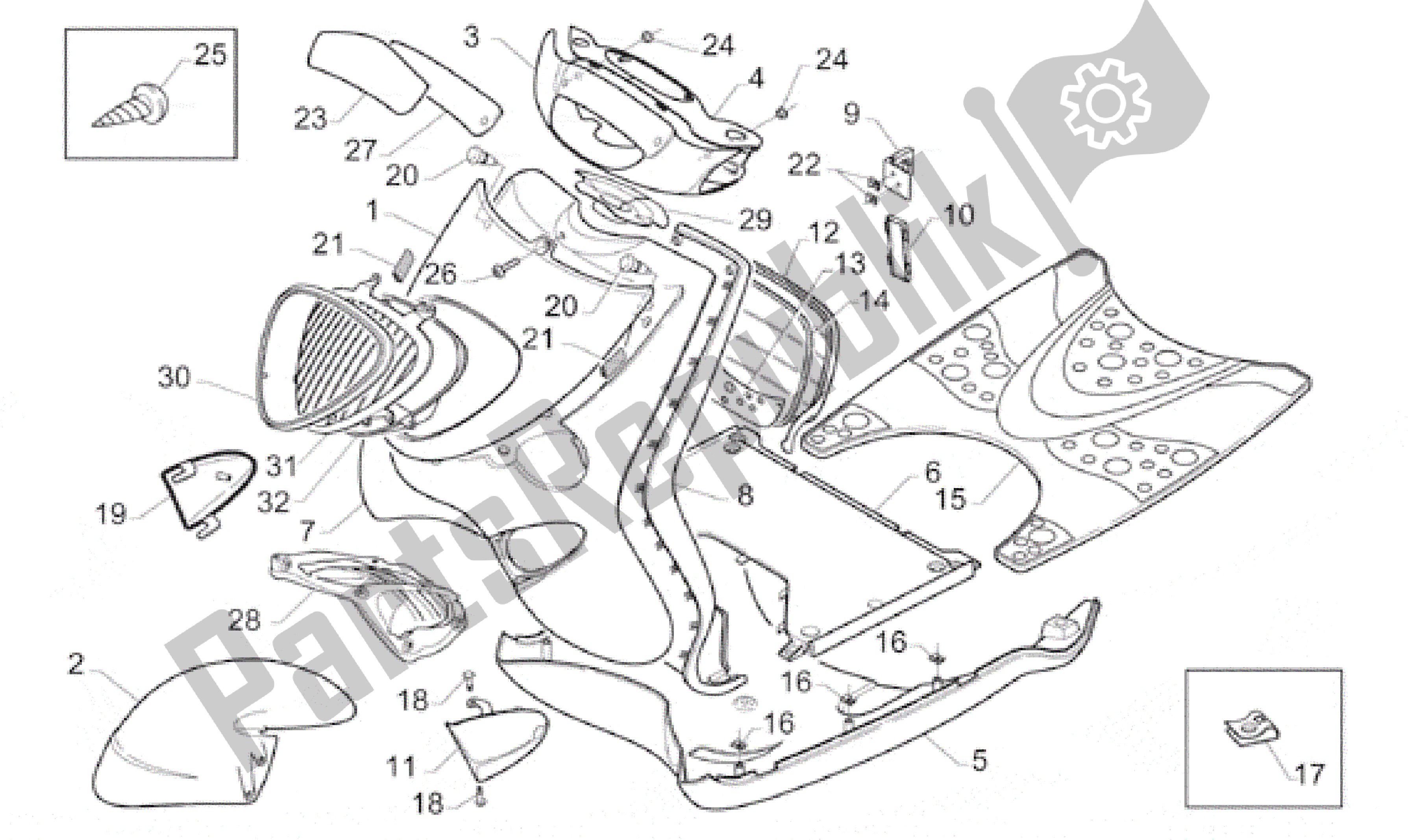 All parts for the Front Body of the Aprilia Gulliver 50 1996 - 1998