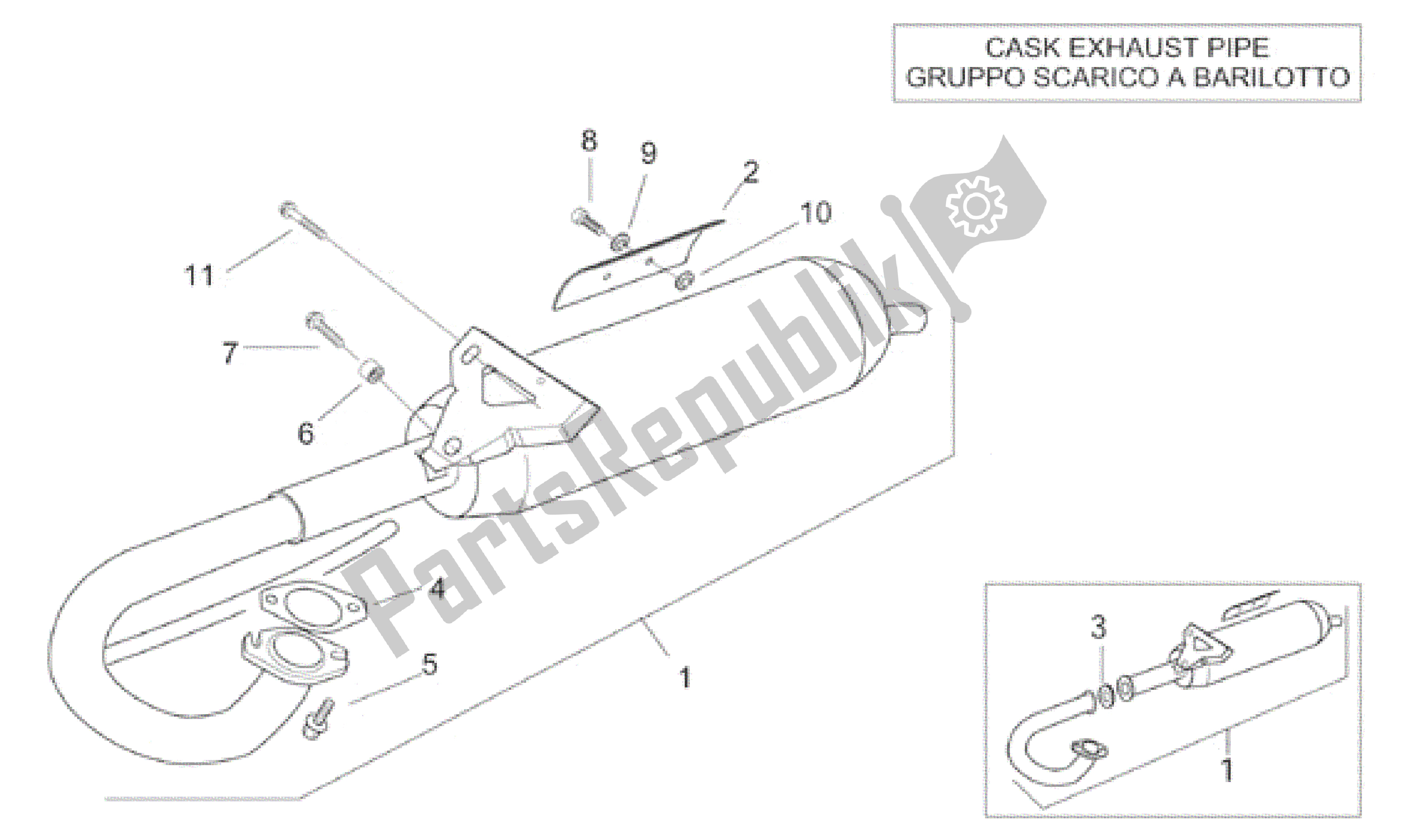 All parts for the Exhaust Unit Bar of the Aprilia Rally 50 1996 - 1999