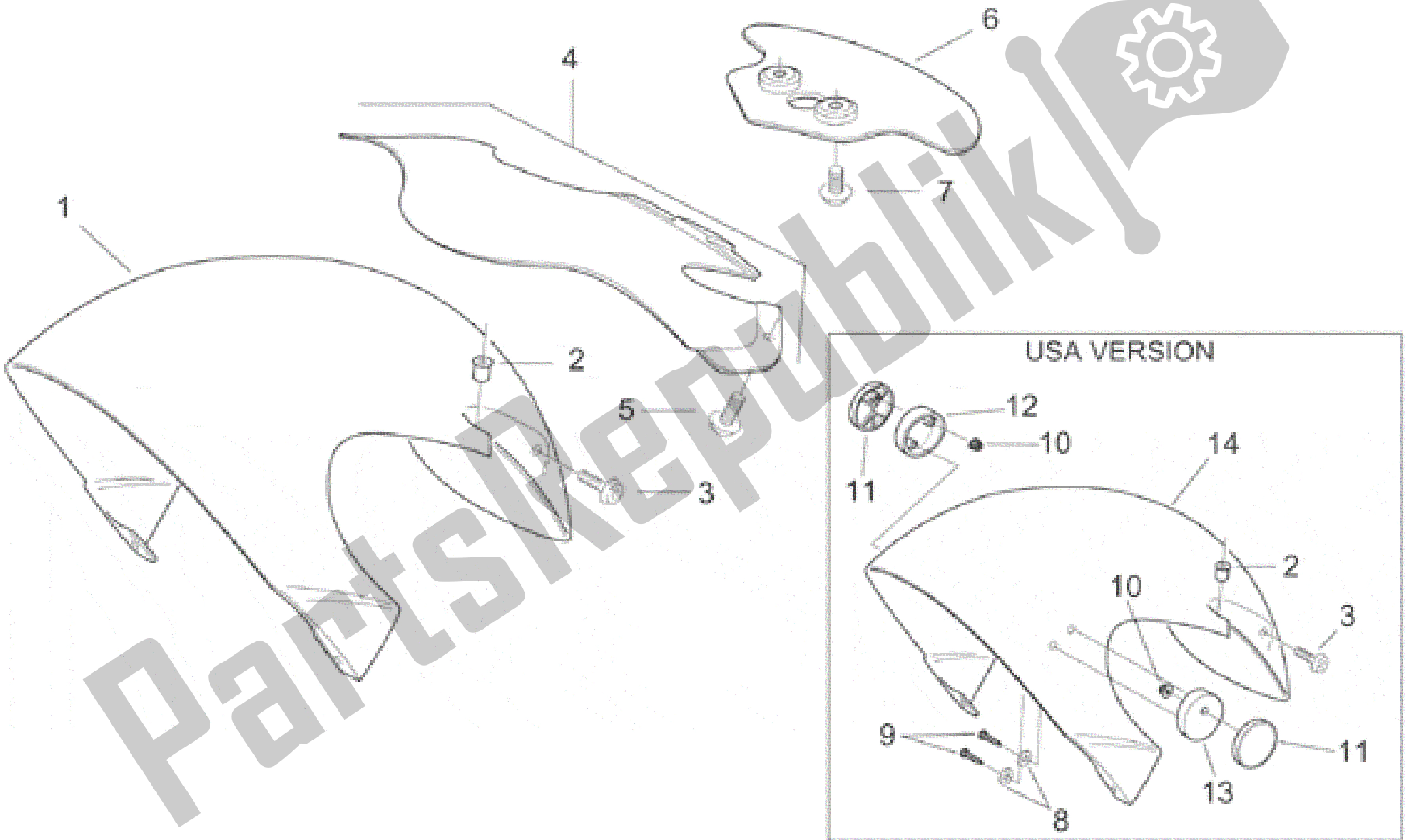 All parts for the Front Body V of the Aprilia SR WWW 50 1997 - 1999
