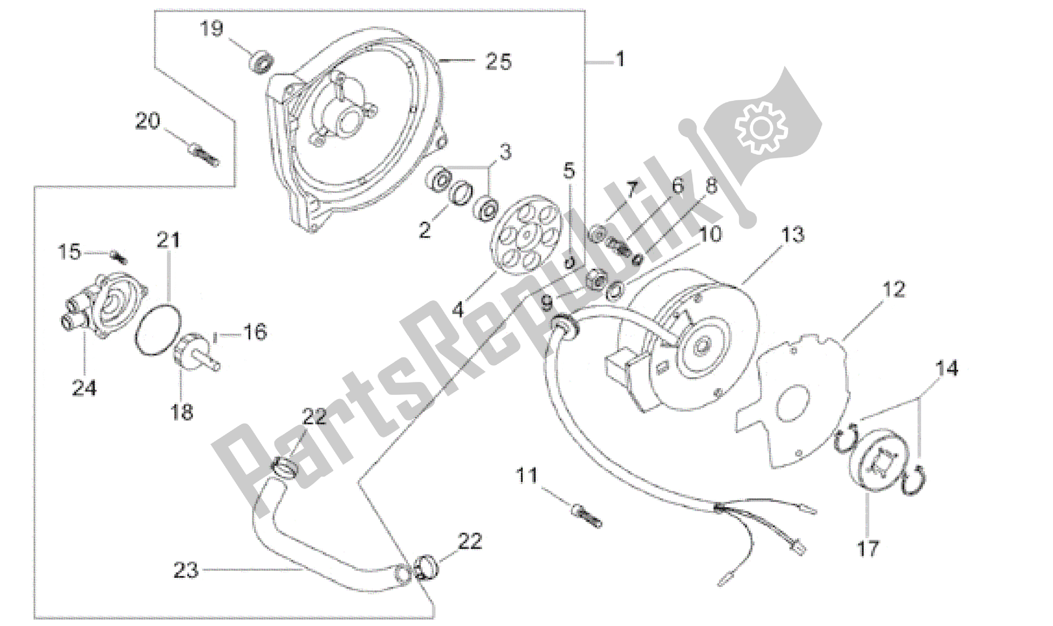 All parts for the Flywheel - Water Pump of the Aprilia Area 51 50 1998 - 2000
