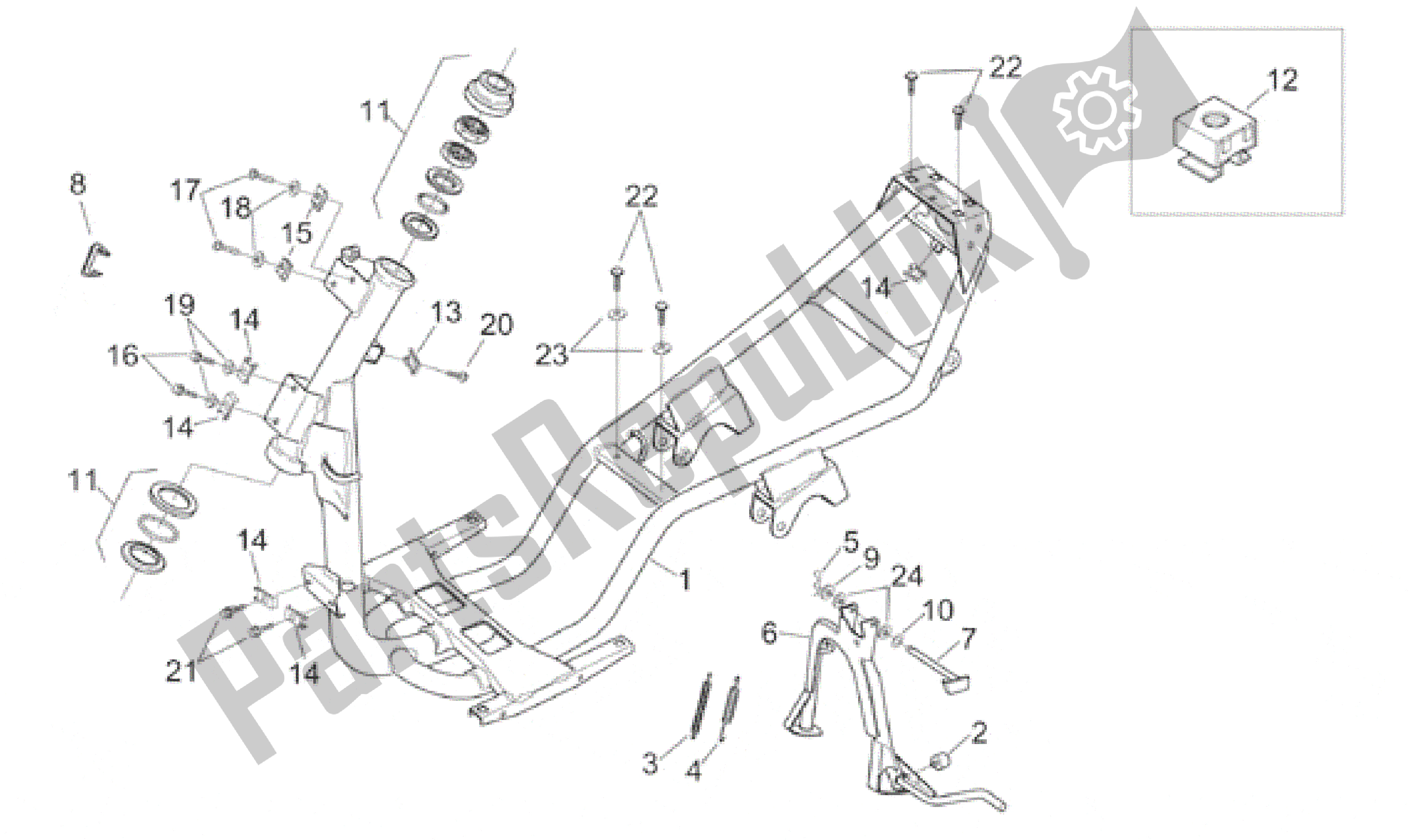 All parts for the Frame And Central Stand of the Aprilia Sonic 50 1998 - 2001
