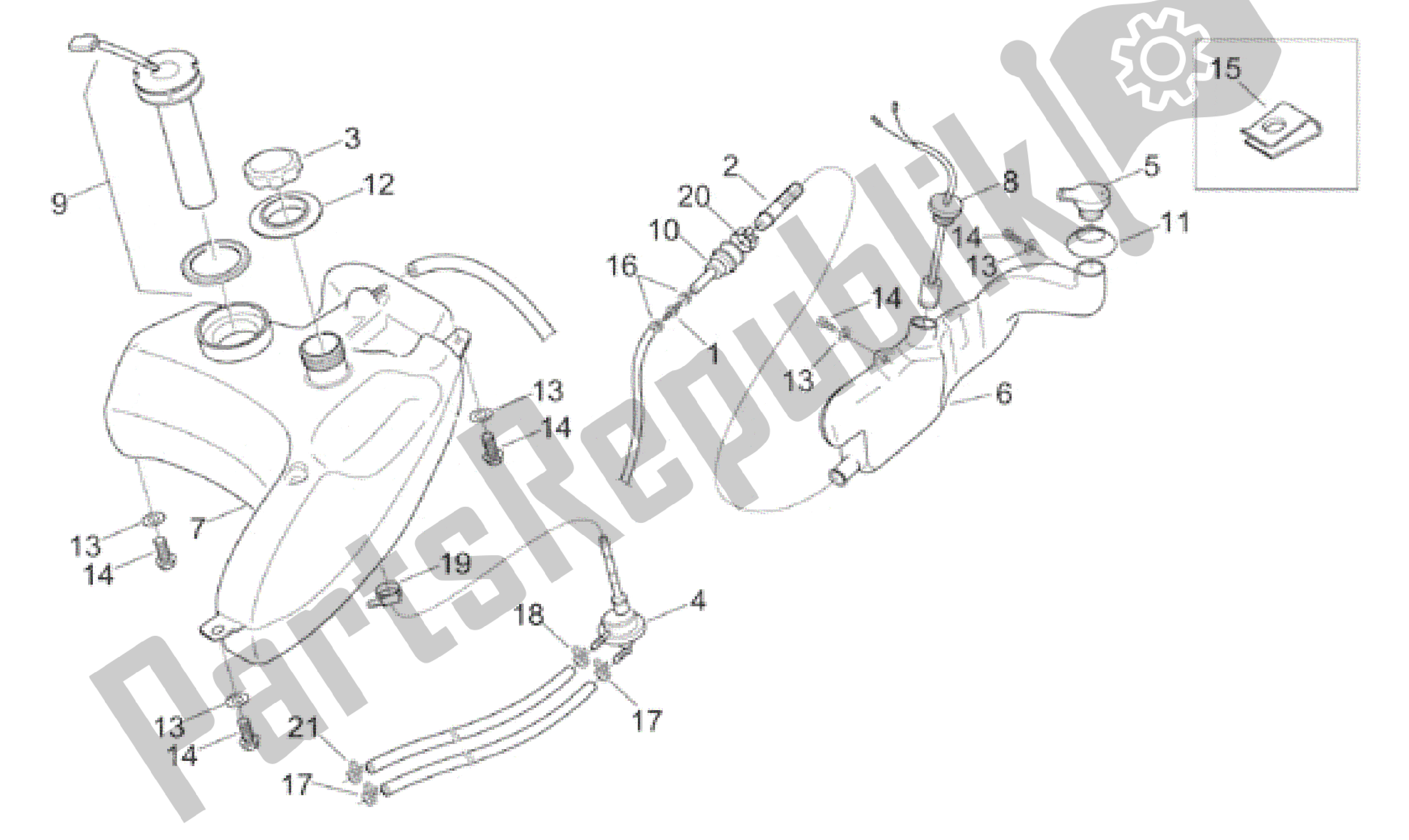 Alle onderdelen voor de Olie- En Brandstoftank van de Aprilia Sonic 50 1998 - 2001