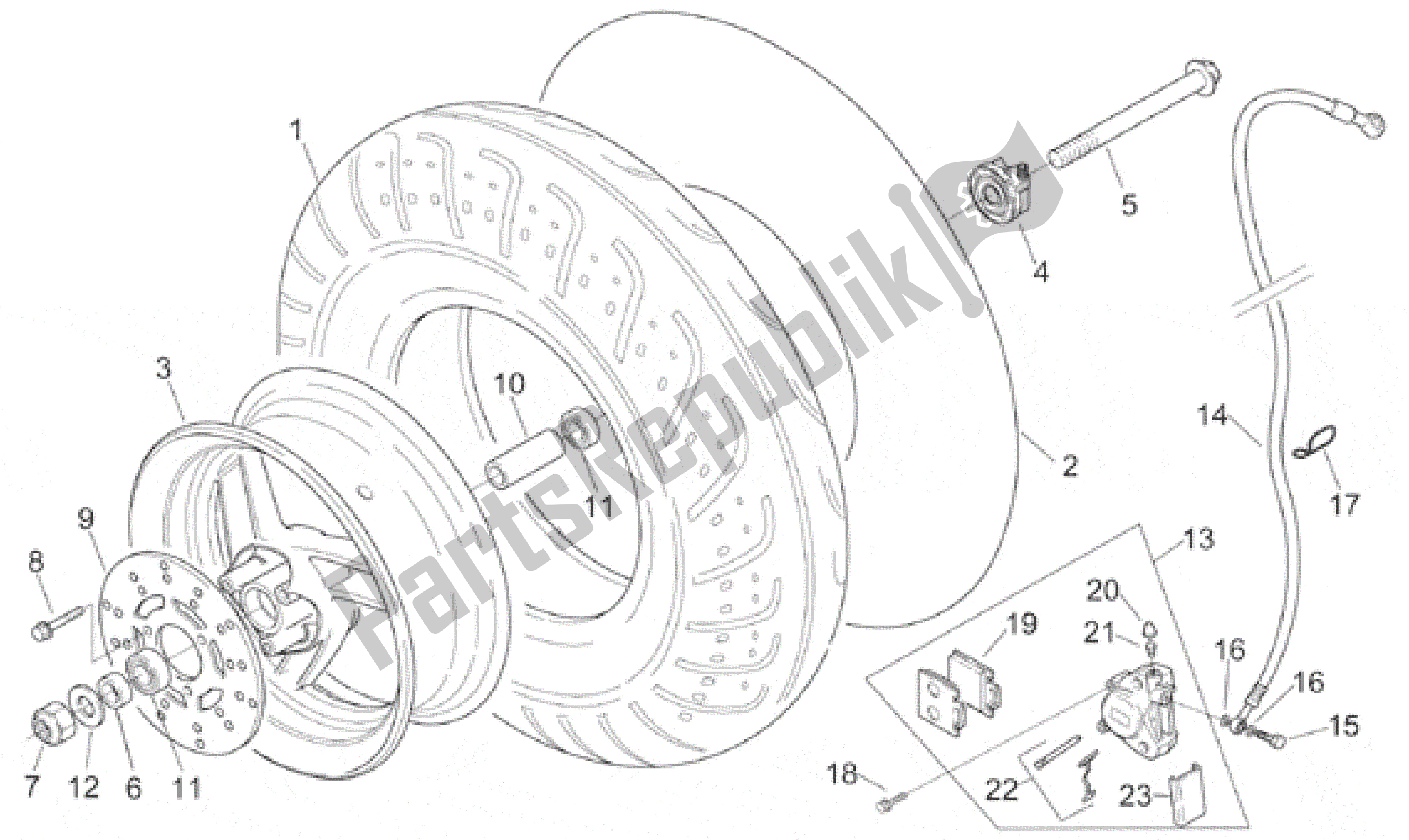 All parts for the Front Wheel of the Aprilia Sonic 50 1998 - 2001