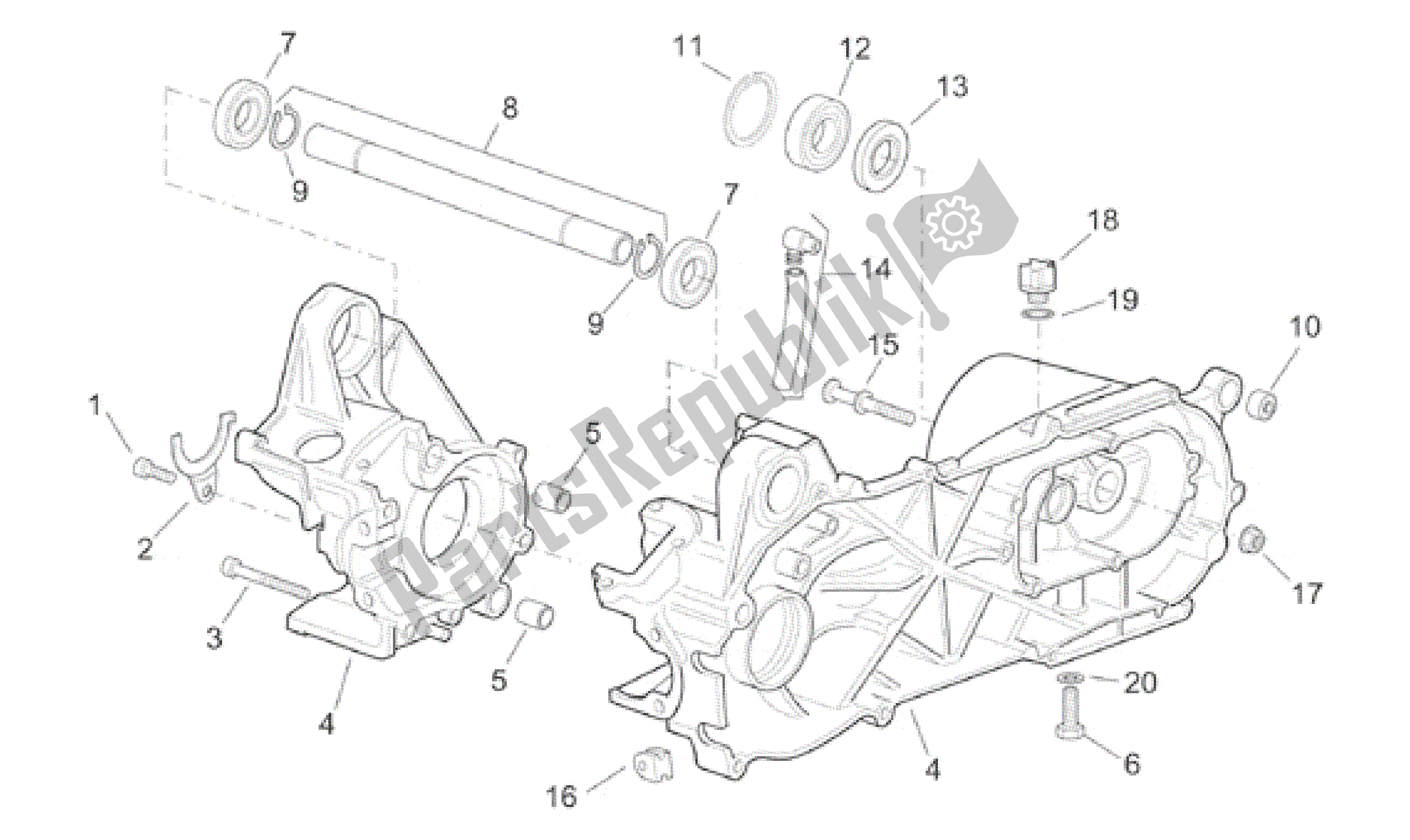All parts for the Central Crank-case Set of the Aprilia Sonic 50 1998 - 2001