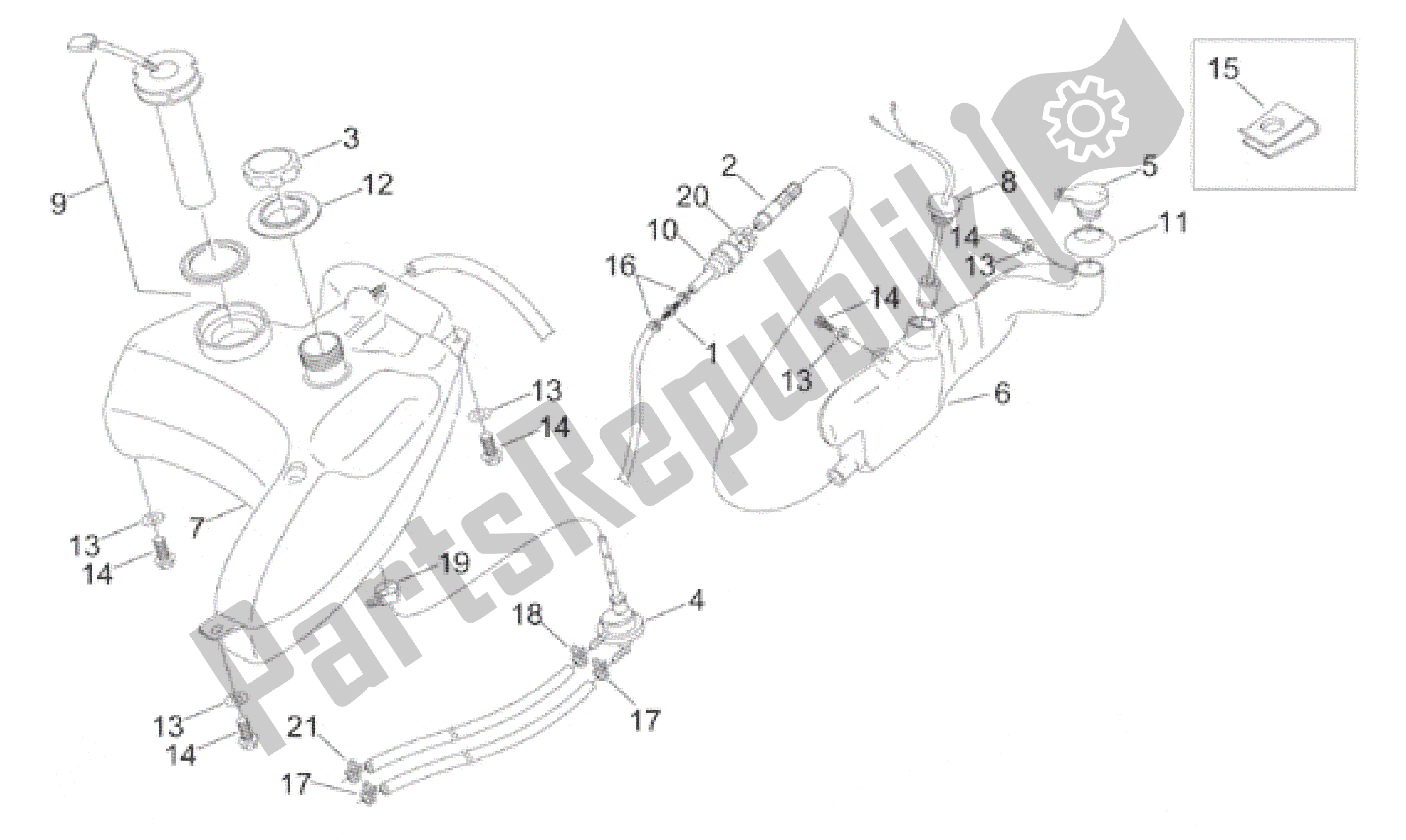 All parts for the Oil And Fuel Tank of the Aprilia Sonic 50 1998 - 2001