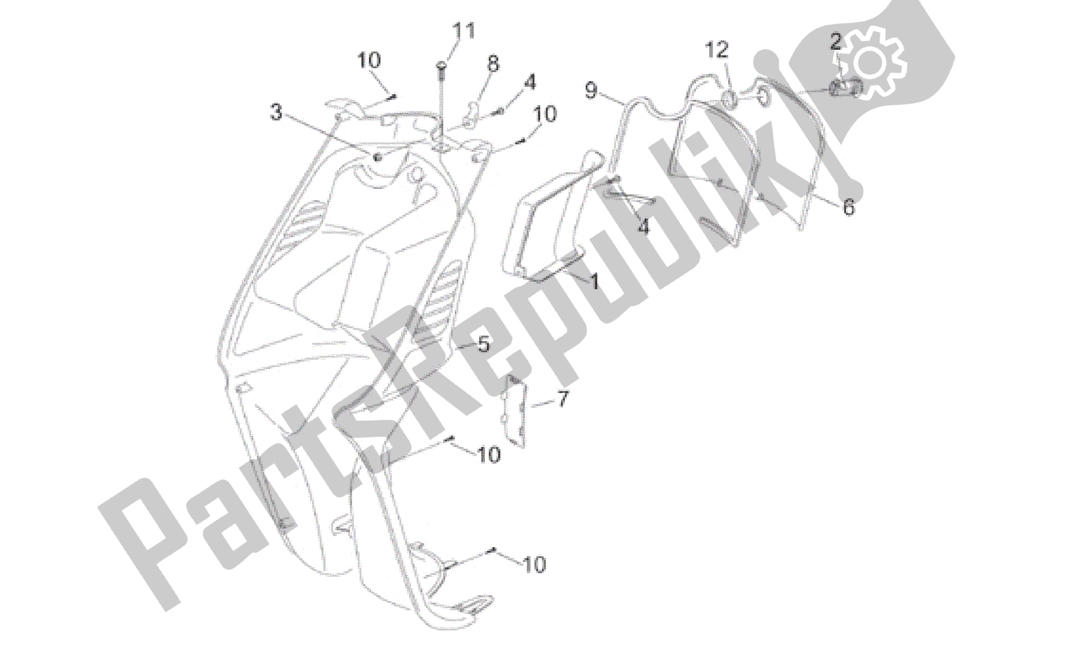 All parts for the Front Body - Internal Shield of the Aprilia Sonic 50 1998 - 2001