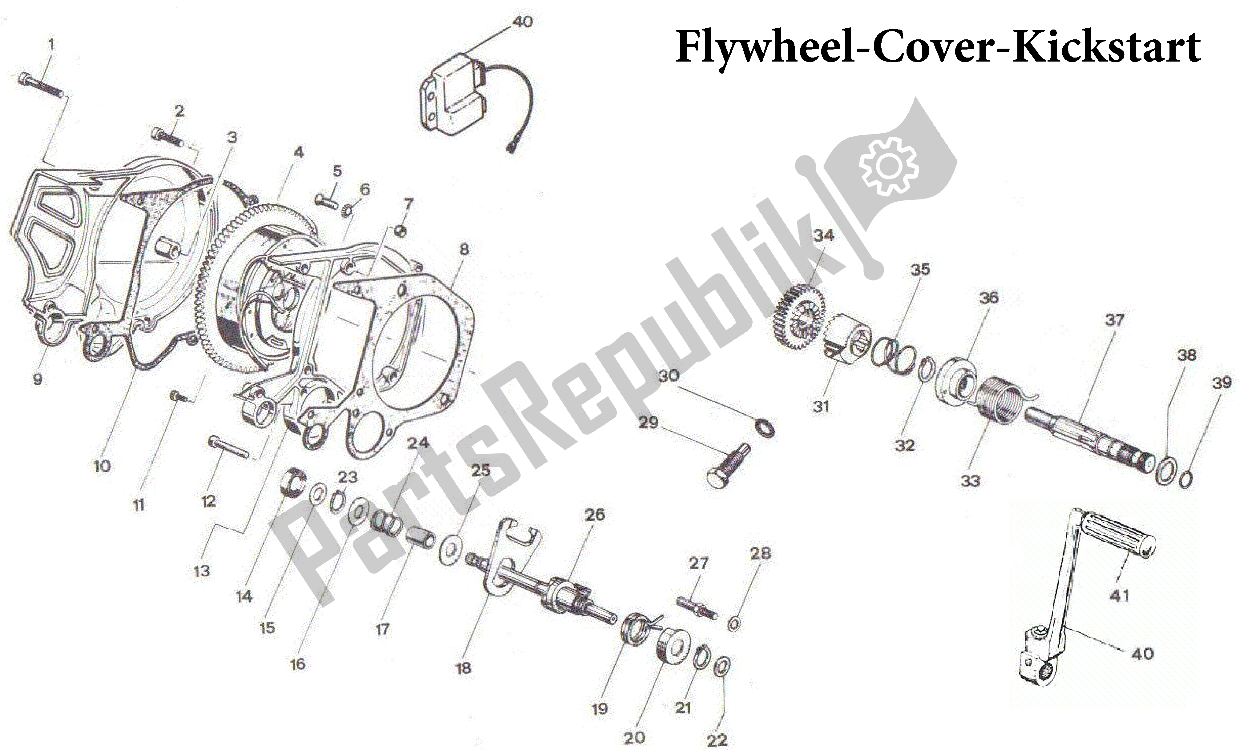 All parts for the Flywheel-cover-kickstart of the Aprilia Sonic 50 1998 - 2001