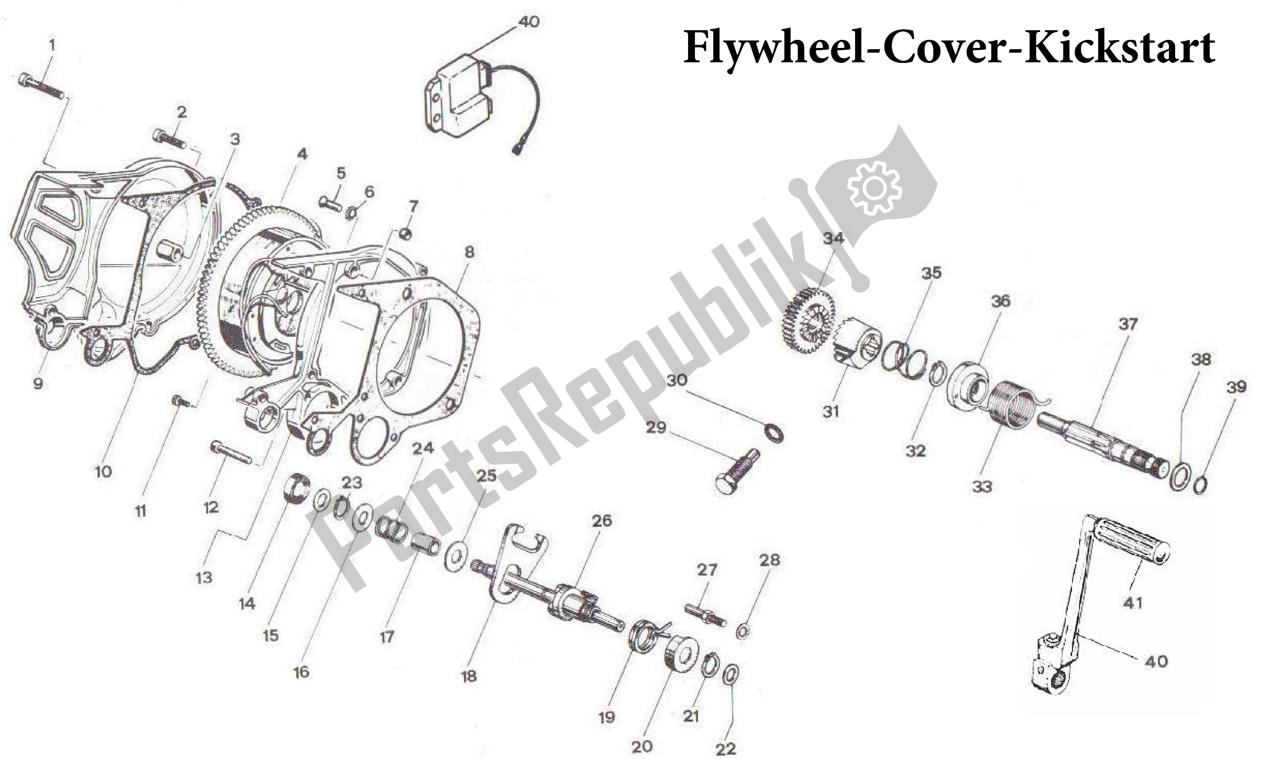 All parts for the Flywheel-cover-kickstart of the Aprilia Scarabeo 50 1998