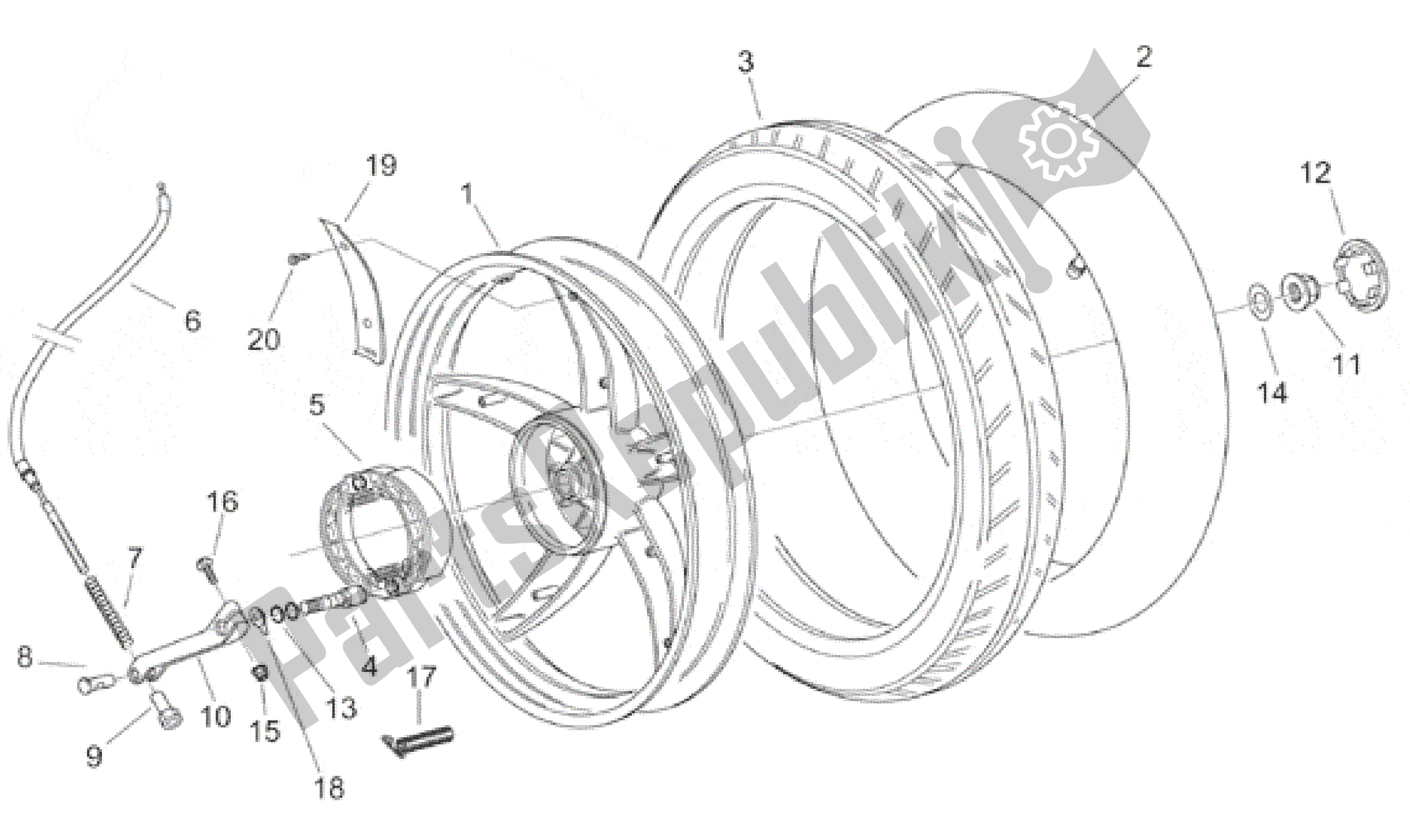 All parts for the Rear Wheel - Drum Brake of the Aprilia Scarabeo 50 2000 - 2005