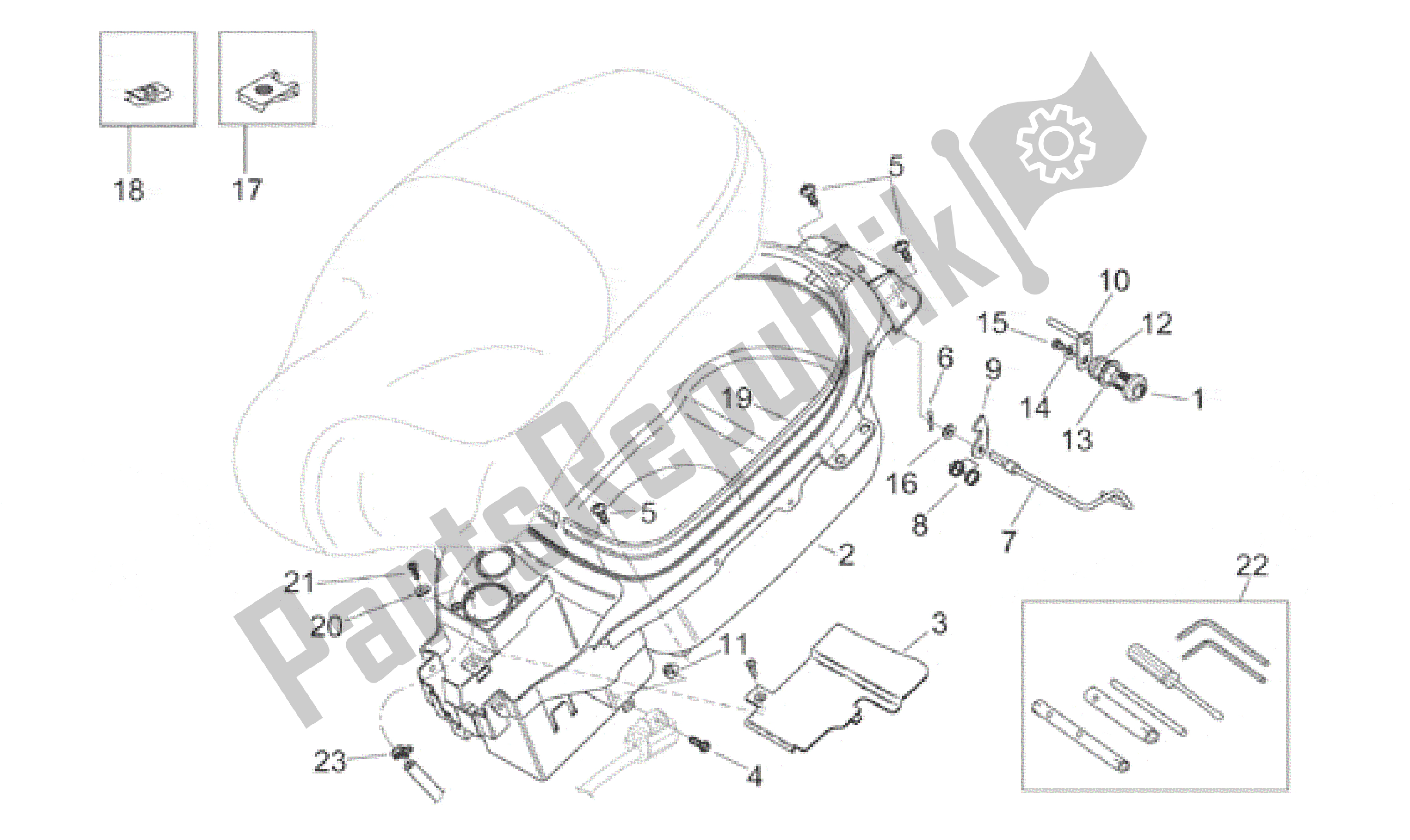 All parts for the Helmet Compartment of the Aprilia Habana 50 1999 - 2001