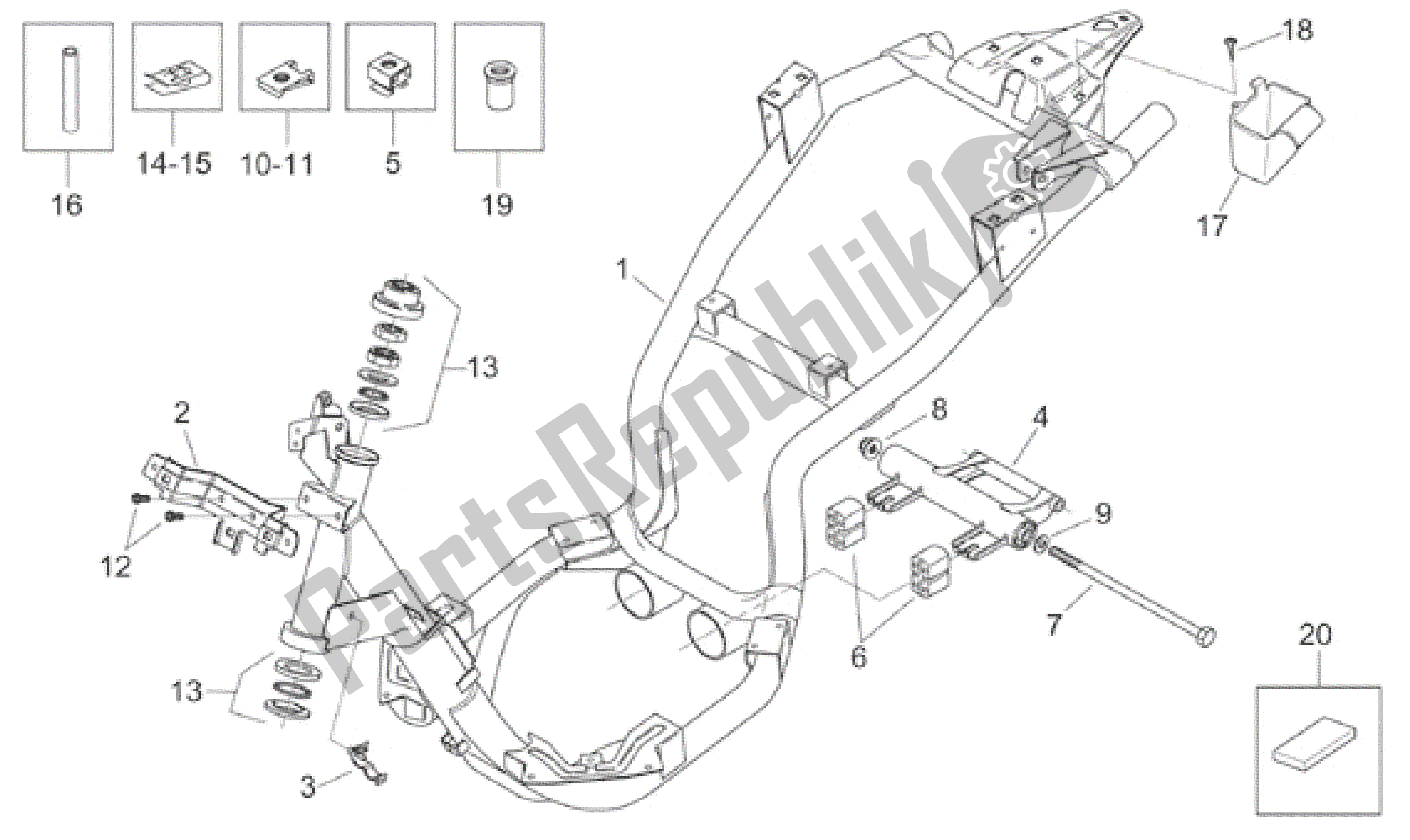 All parts for the Frame of the Aprilia Habana 50 1999 - 2001