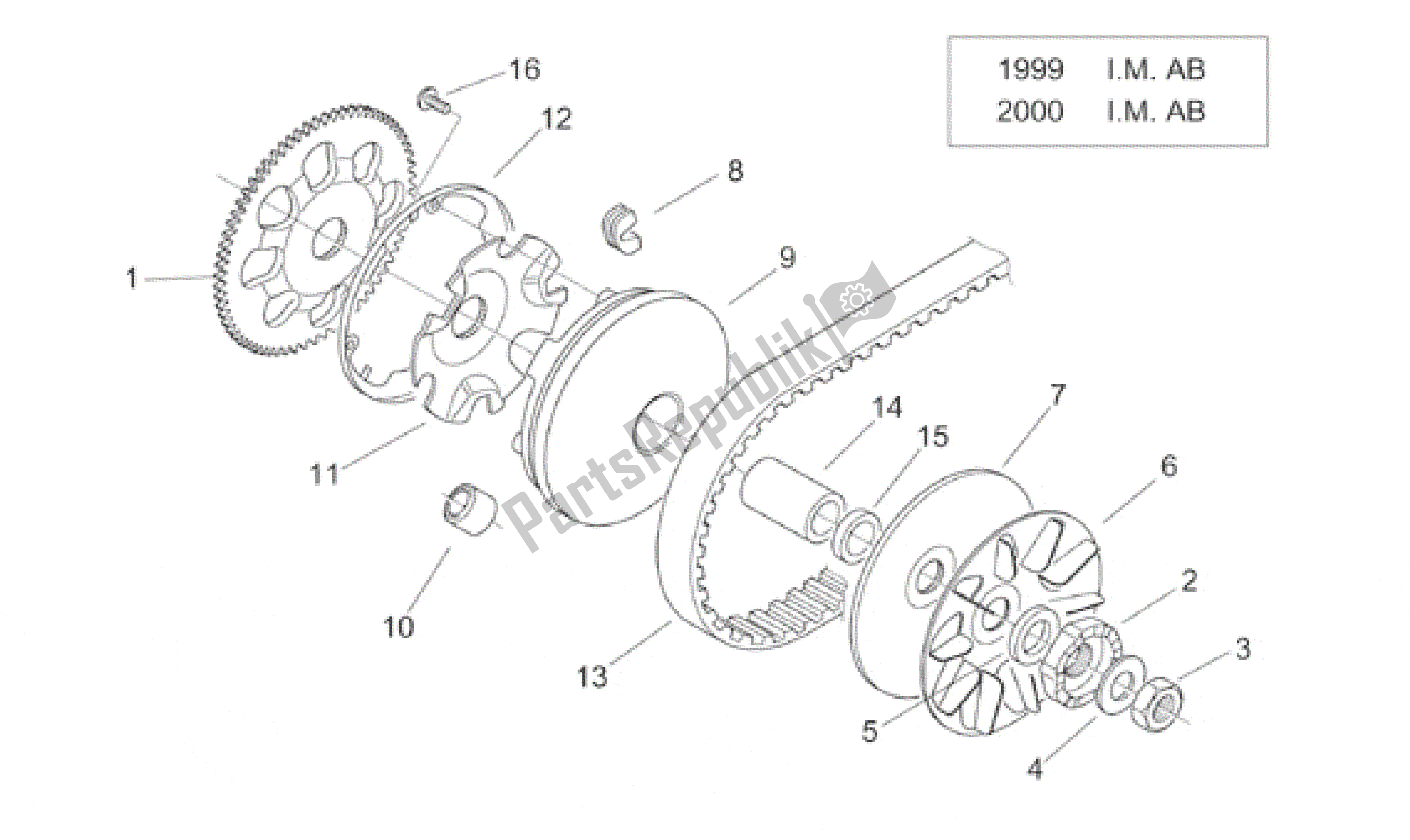 All parts for the Variator I ('99-2001 I. M. Ab) of the Aprilia Habana 50 1999 - 2001