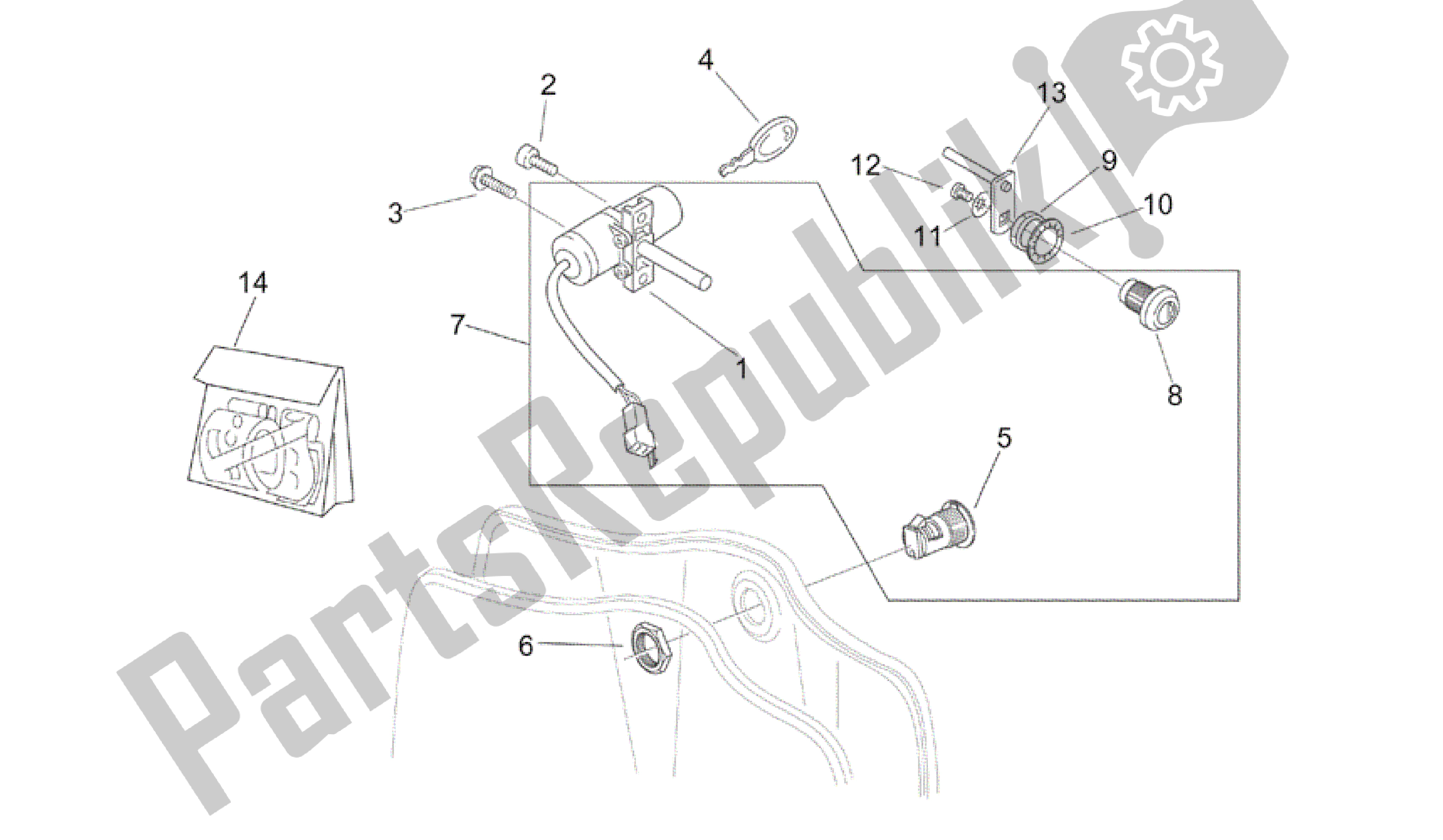 Alle onderdelen voor de Sticker En Slot Hardware Kit van de Aprilia Mojito 50 1999 - 2003