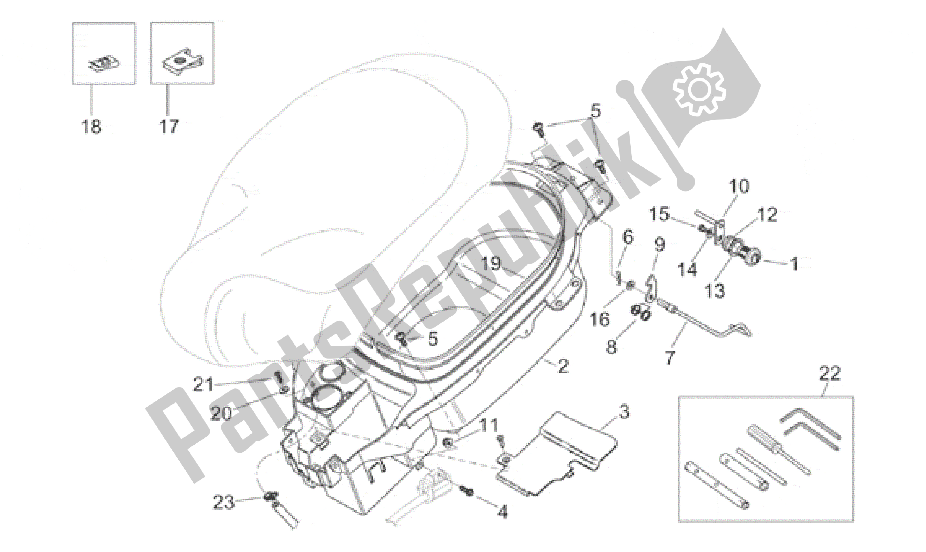 All parts for the Helmet Compartment of the Aprilia Mojito 50 1999 - 2000