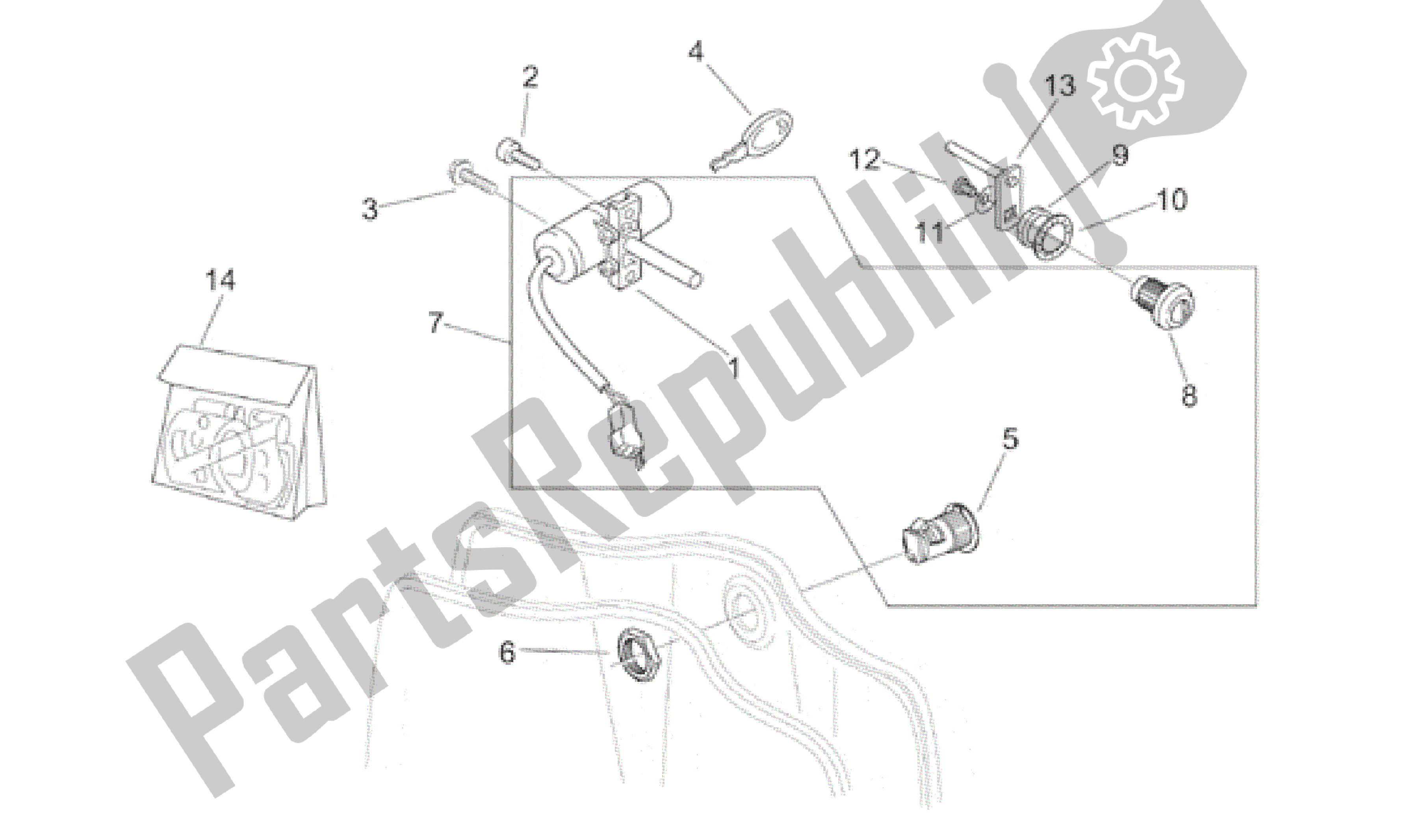 Alle onderdelen voor de Sticker En Slot Hardware Kit van de Aprilia Mojito 50 1999 - 2000