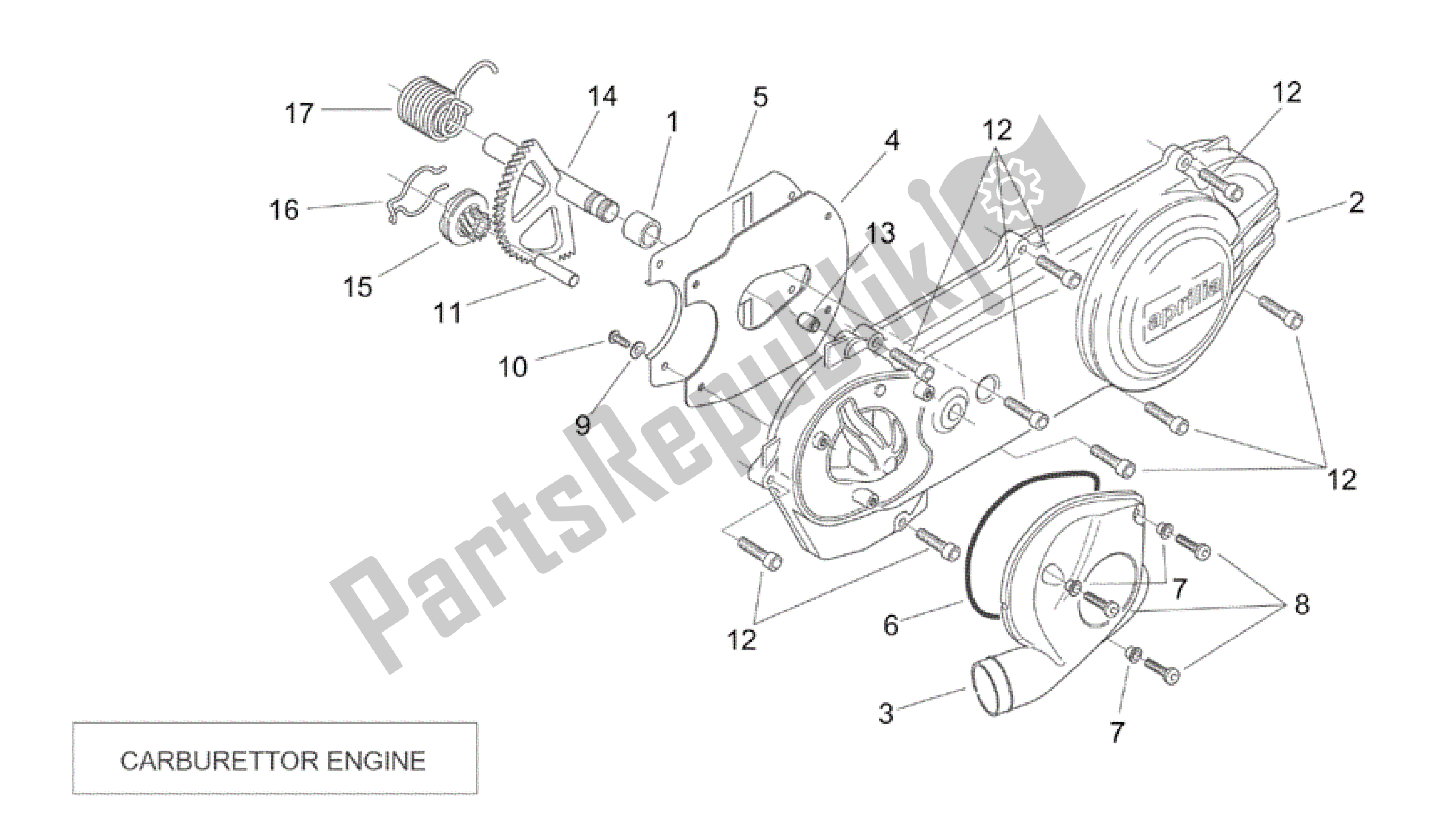 All parts for the Transmission Cover (carburettor) of the Aprilia SR 50 2000 - 2004